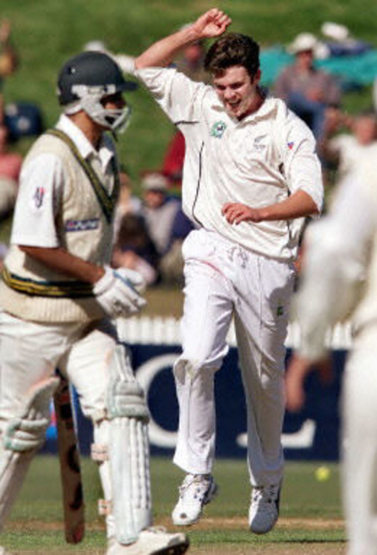 Pace-man James Franklin celebrates taking one of his four wickets in the form of Ijaz Ahmed, day 4, third Test, Hamilton 30 March 2001.