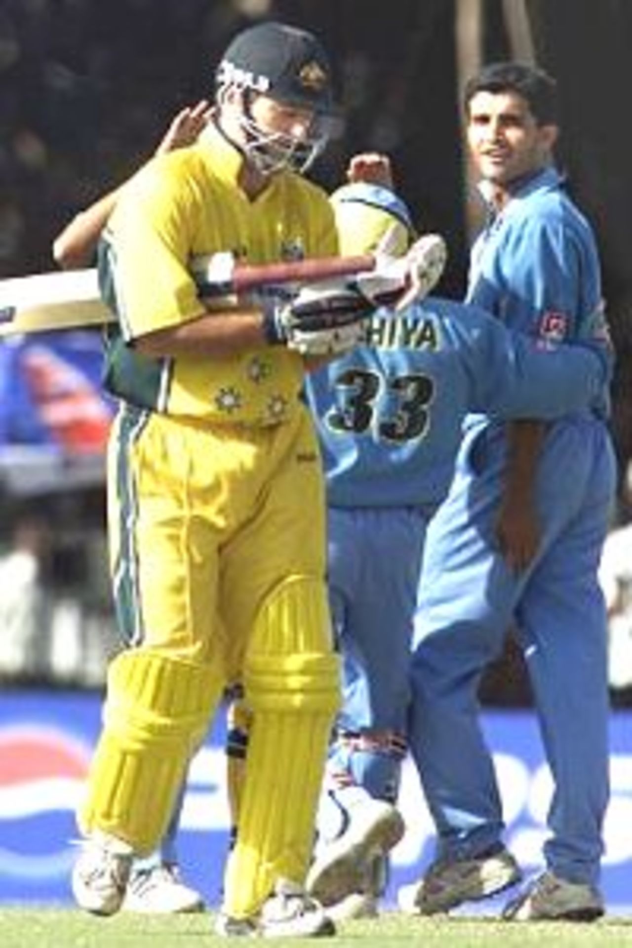 Saurav Ganguly (right) of India gives rival captain Steve Waugh of Australia (left) a send off after taking his wicket, during the 3rd One Day International between India and Australia, played at Nehru Stadium, Indore, India.