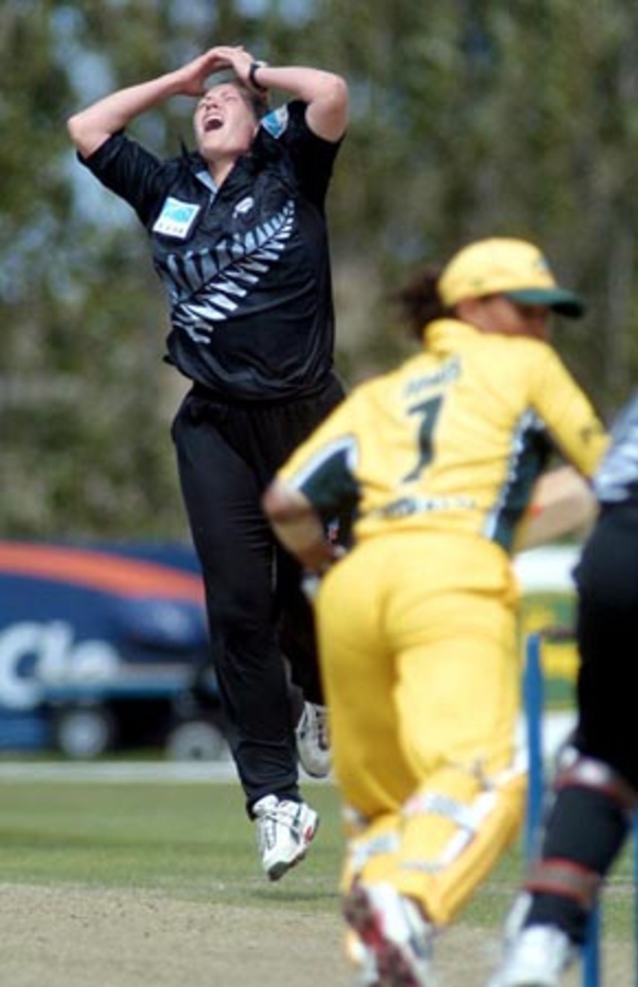 New Zealand Women bowler Anna Corbin lets out a cry of disappointment as Australia Women batsman Melanie Jones edges a delivery past wicket-keeper Rebecca Rolls during her spell of 1-42 from 10 overs. 2nd WODI: New Zealand Women v Australia Women at Bert Sutcliffe Oval, Lincoln, 3 March 2002.