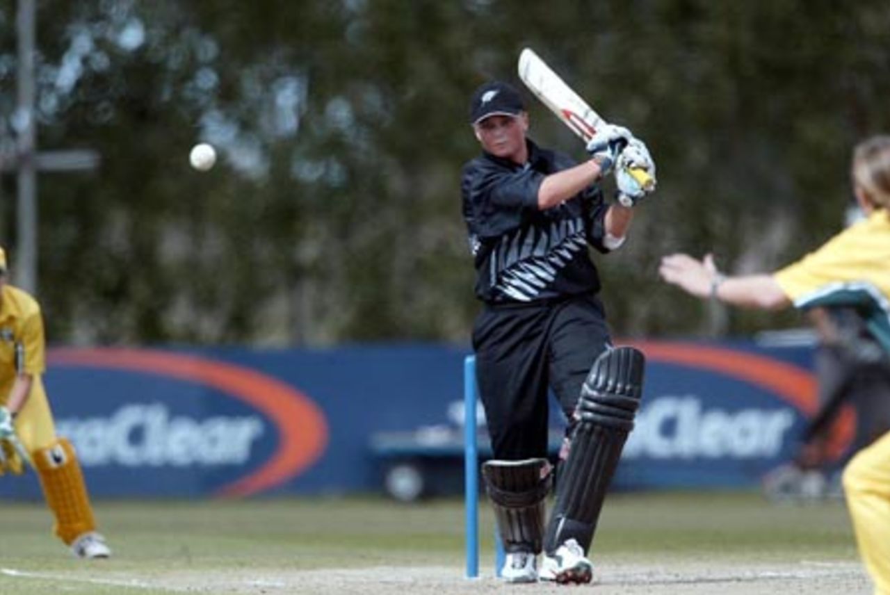 New Zealand Women batsman Rebecca Rolls hits a delivery from Australia Women bowler Julie Hayes down the ground on the off side during her innings of 114. 3rd WODI: New Zealand Women v Australia Women at Bert Sutcliffe Oval, Lincoln, 6 March 2002.