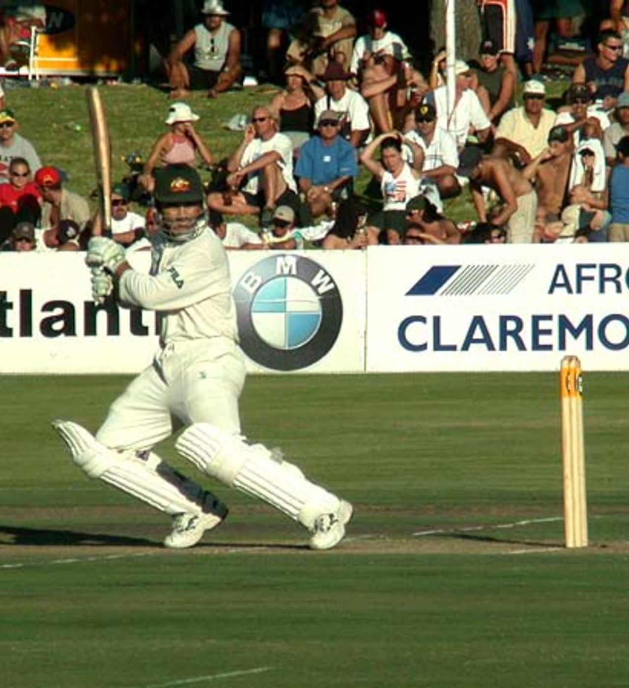 Justin Langer cuts a Dewald Pretorius delivery to the thirdman boundary