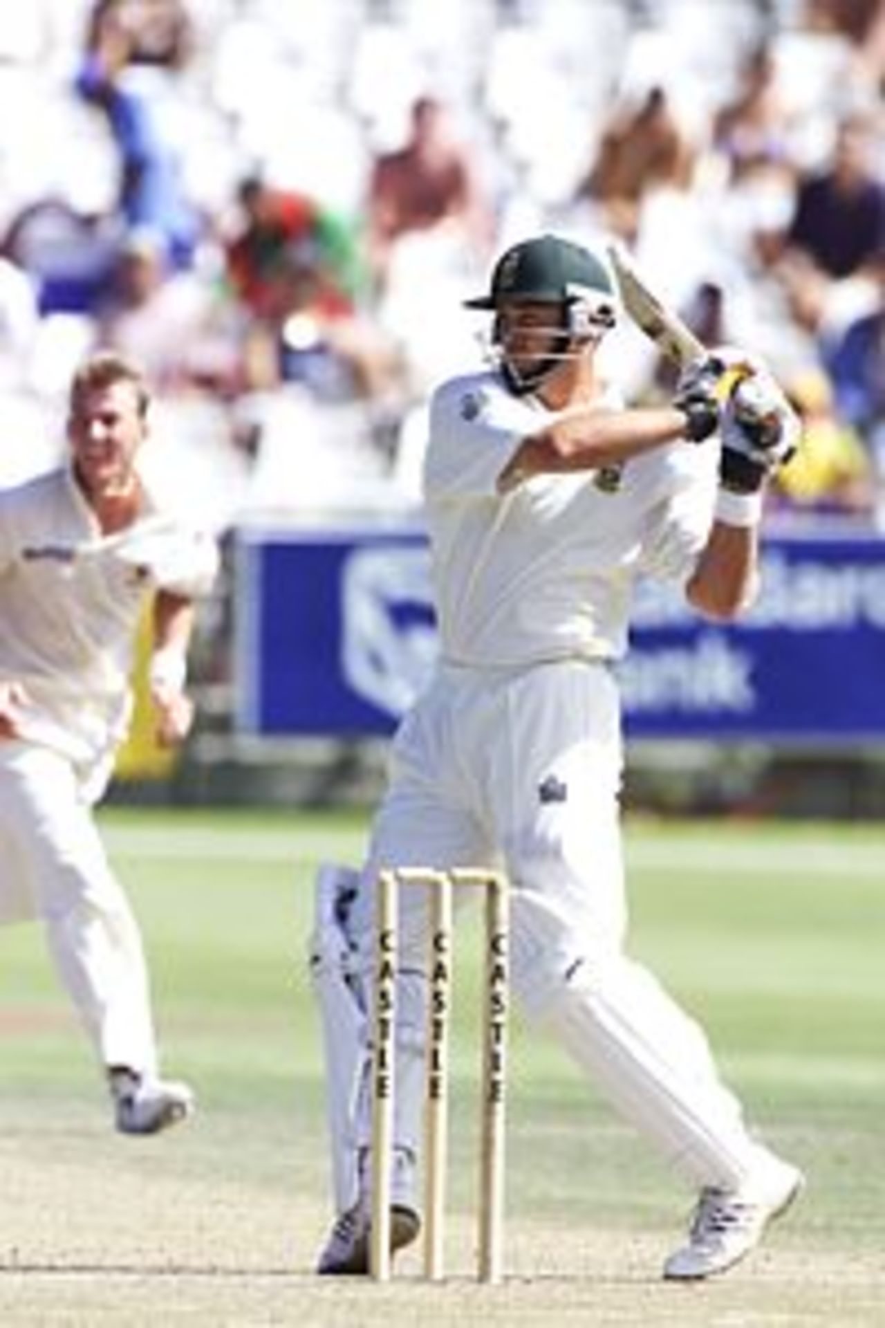 10 Mar 2002: Jacques Kallis hooks Brett Lee for four during the third day of the second test match between South Africa and Australia held at Newlands.