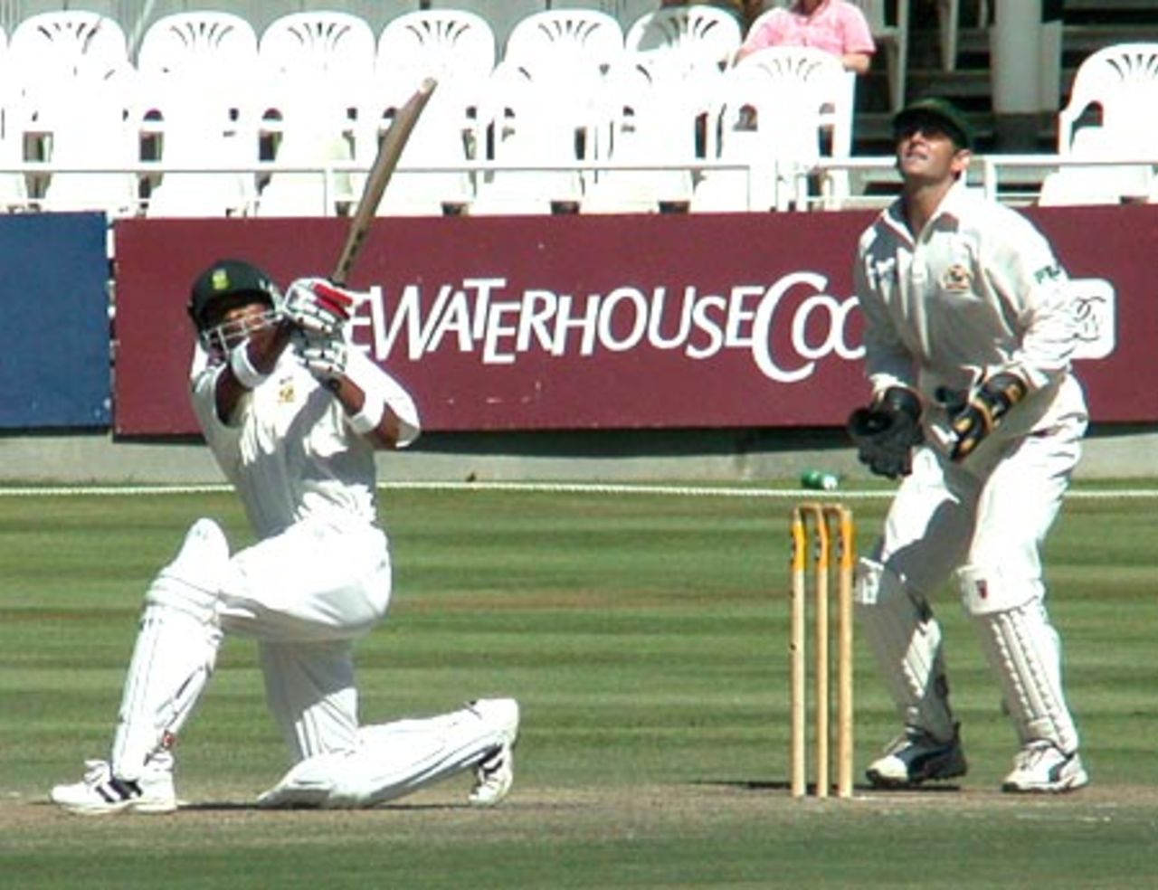 Makhaya Ntini skies a ball from Shane Warne and is caught by Justin Langer