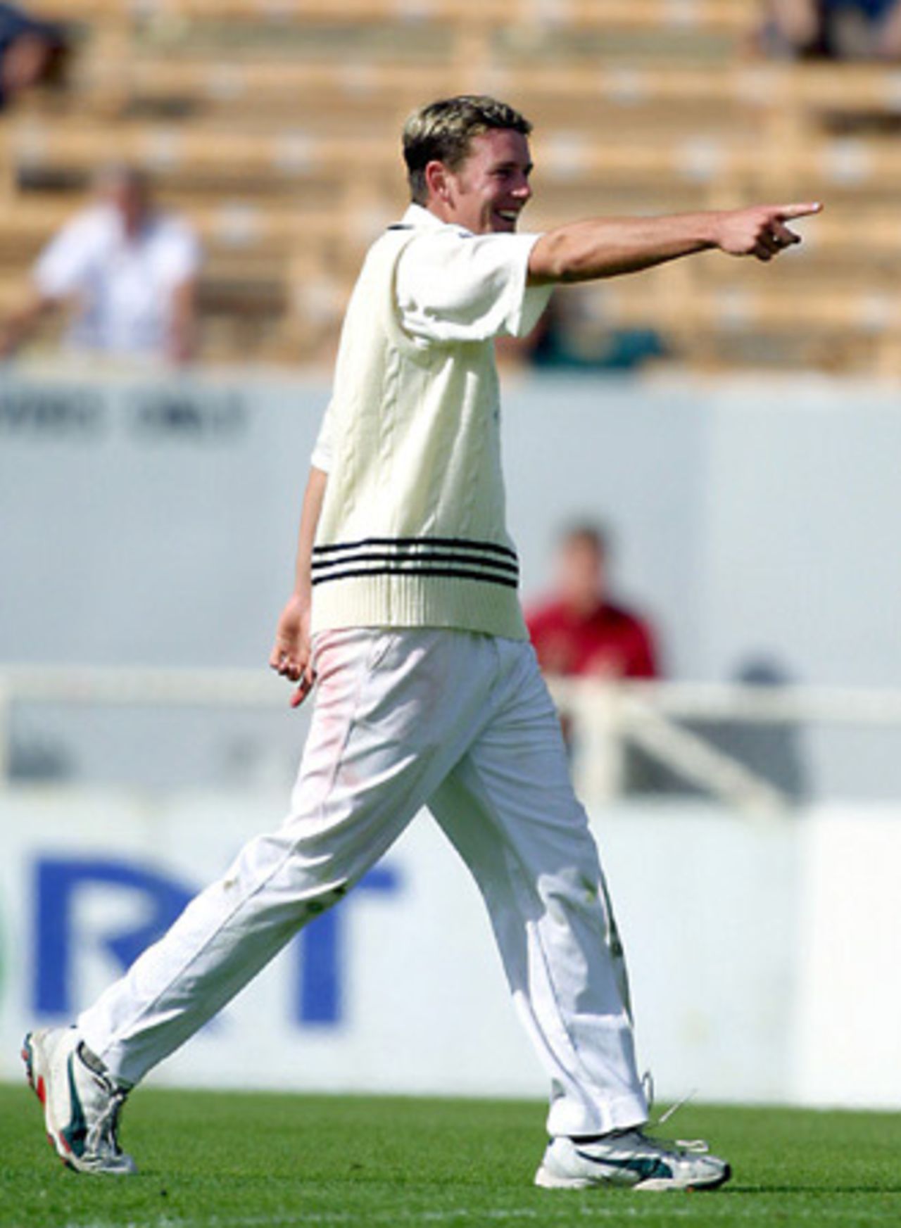 New Zealand bowler Ian Butler celebrates the dismissal of England batsman Ashley Giles, caught by Chris Drum for eight. It was Butler's first wicket in his debut Test. 1st Test: New Zealand v England at Jade Stadium, Christchurch, 13-17 March 2002 (13 March 2002).