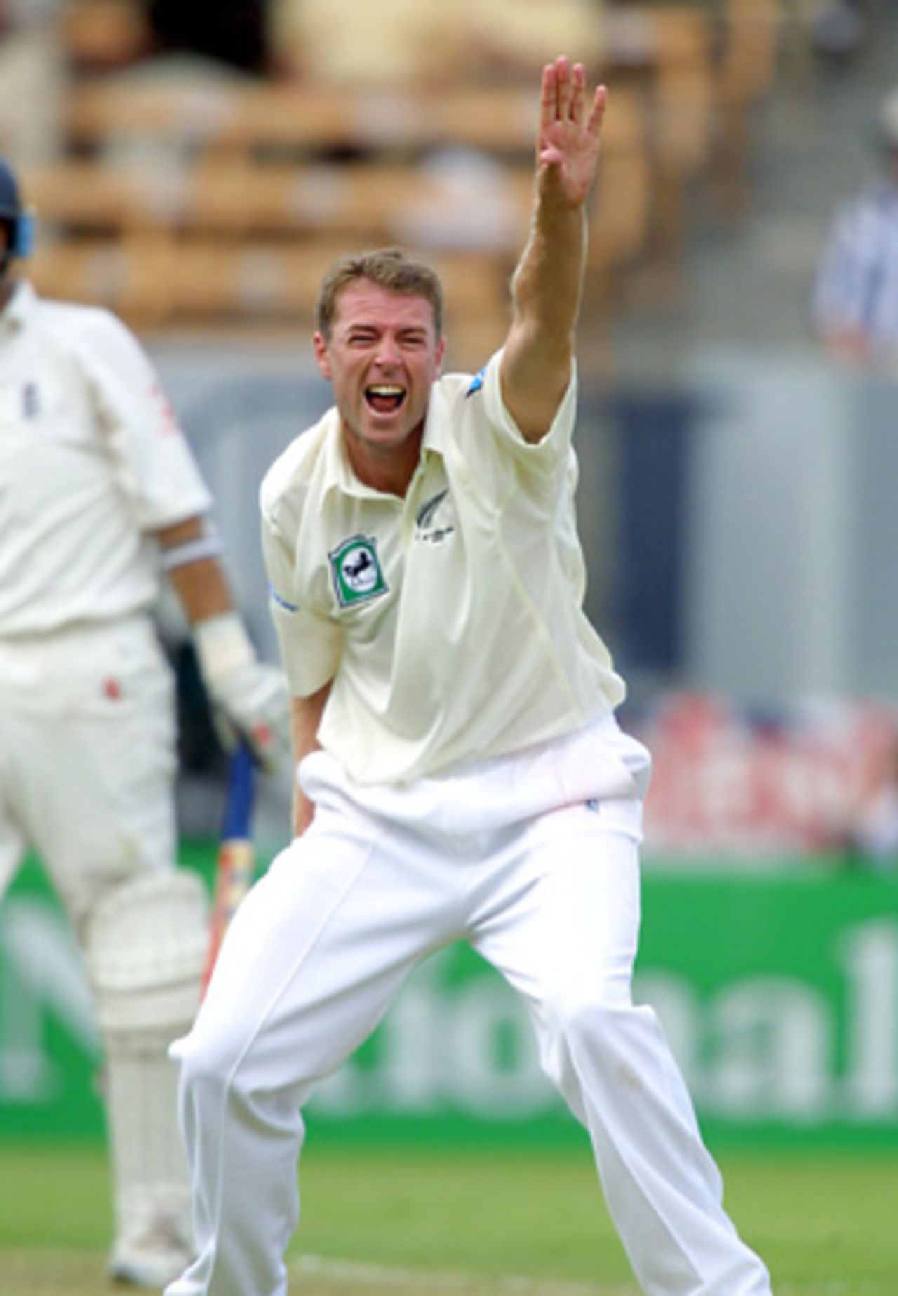 New Zealand bowler Chris Drum successfully appeals for lbw against England batsman Nasser Hussain. Hussain was dismissed for 106. 1st Test: New Zealand v England at Jade Stadium, Christchurch, 13-17 March 2002 (13 March 2002).