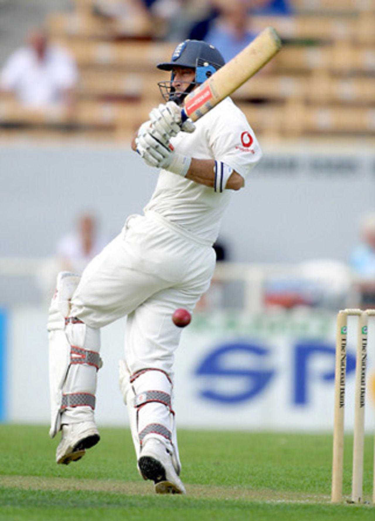 England batsman Nasser Hussain pulls a delivery from New Zealand bowler Ian Butler to fine leg during his first innings of 106. 1st Test: New Zealand v England at Jade Stadium, Christchurch, 13-17 March 2002 (13 March 2002).