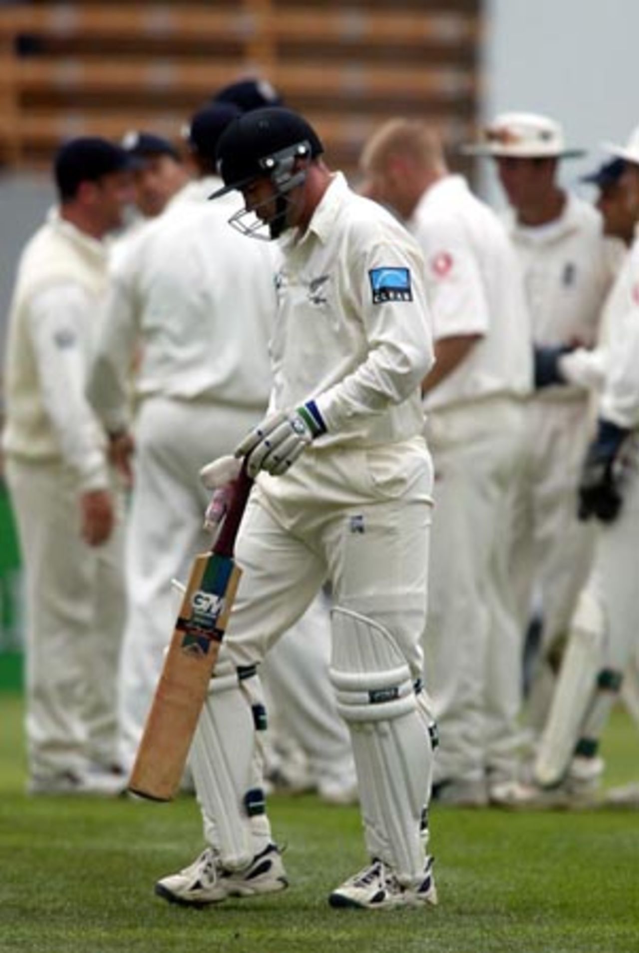 New Zealand batsman Matt Horne leaves the field after being dismissed by England bowler Matthew Hoggard for 14. England players celebrate in the background. 1st Test: New Zealand v England at Jade Stadium, Christchurch, 13-17 March 2002 (14 March 2002).