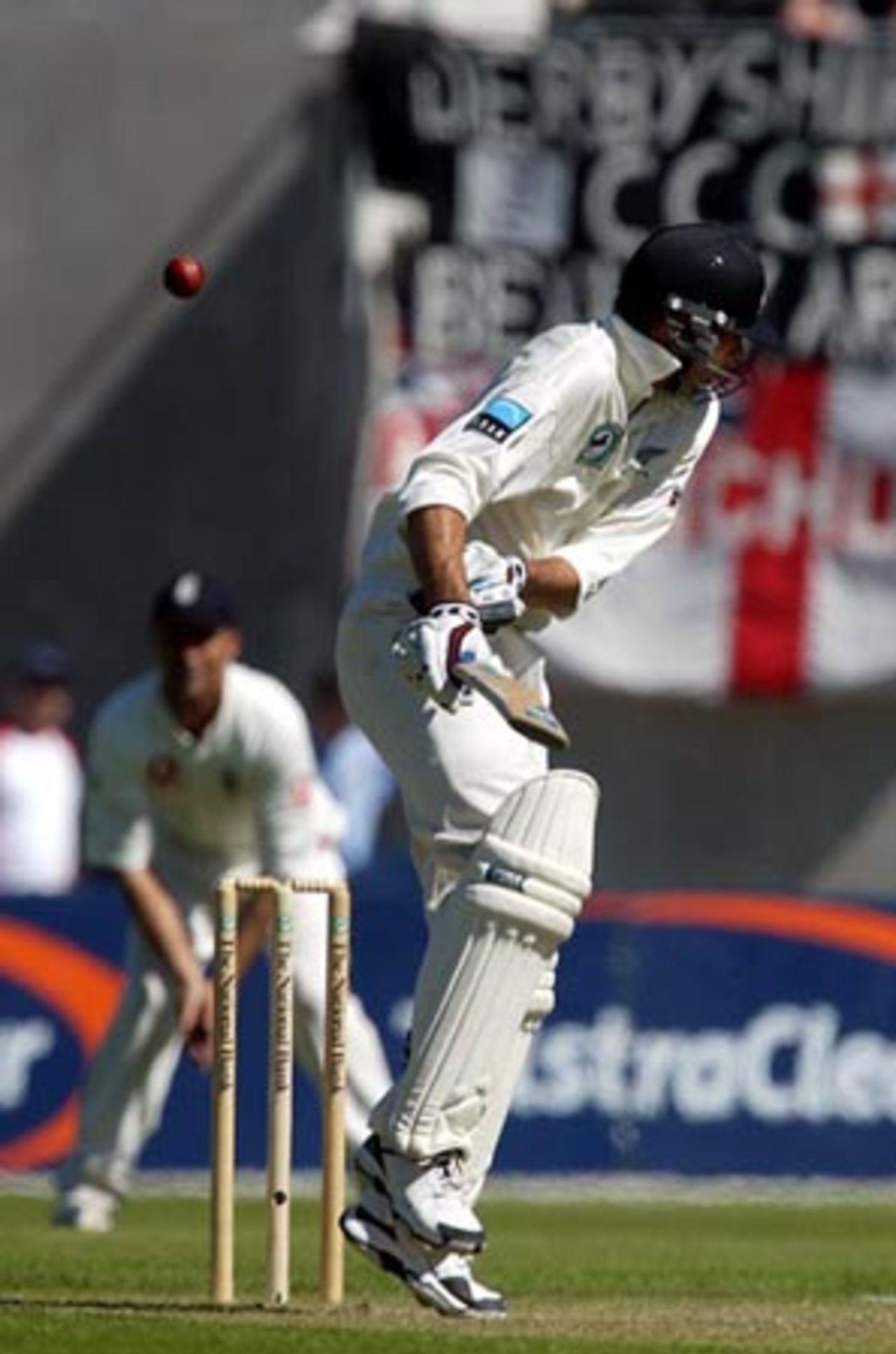 New Zealand batsman Stephen Fleming is struck on the body by a short delivery from England bowler Andrew Flintoff during his first innings of 12. 1st Test: New Zealand v England at Jade Stadium, Christchurch, 13-17 March 2002 (14 March 2002).