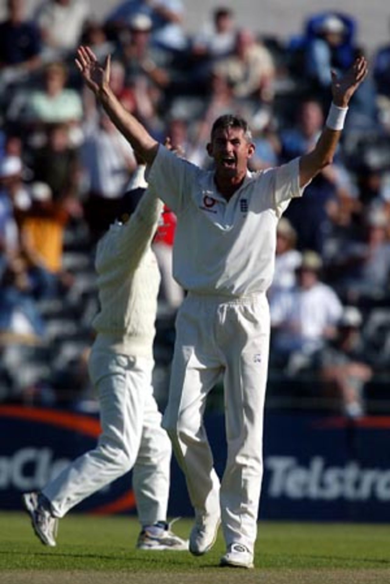 England bowler Andy Caddick unsuccessfully appeals for the dismissal of New Zealand batsman Mark Richardson, a catch at first slip by Nasser Hussain, during his third day spell of 0-20 from five overs. Fielder Mark Ramprakash joins in the appeal in the background. 1st Test: New Zealand v England at Jade Stadium, Christchurch, 13-17 March 2002 (15 March 2002).