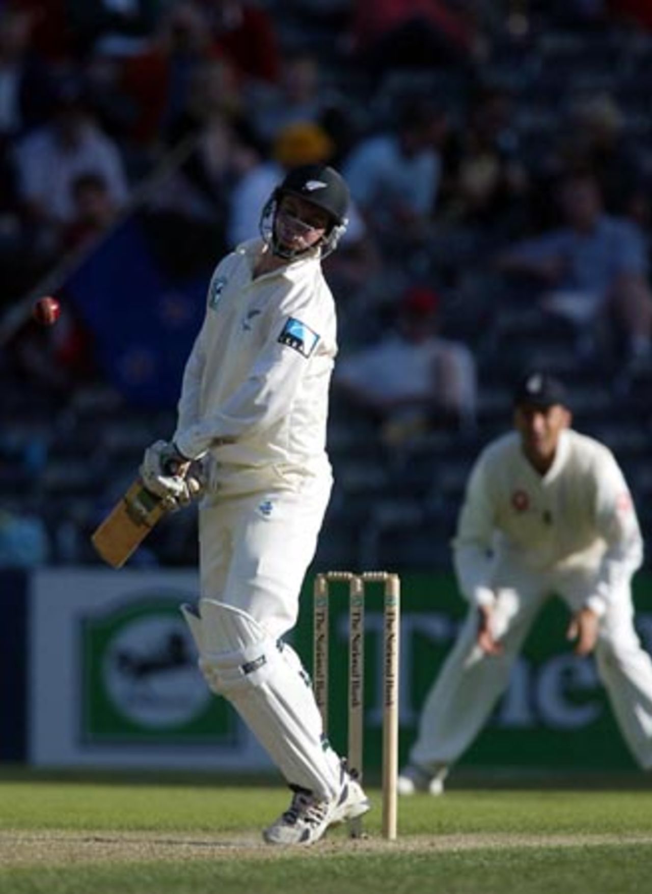 New Zealand batsman Matt Horne avoids a short delivery from England bowler Andy Caddick during his innings of three not out on the third day. 1st Test: New Zealand v England at Jade Stadium, Christchurch, 13-17 March 2002 (15 March 2002).