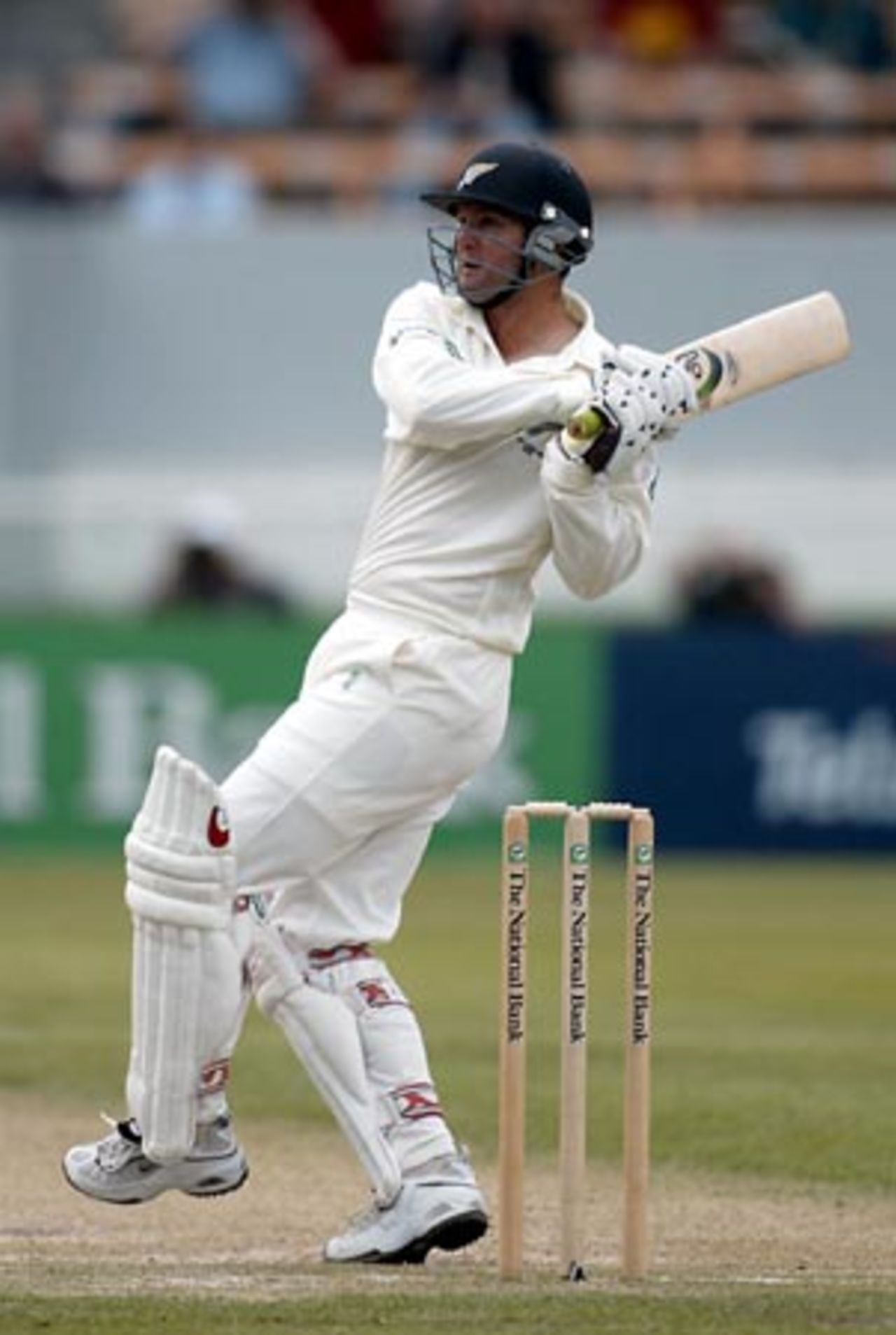New Zealand batsman Nathan Astle pulls a delivery during his second innings of 222. 1st Test: New Zealand v England at Jade Stadium, Christchurch, 13-17 March 2002 (16 March 2002).