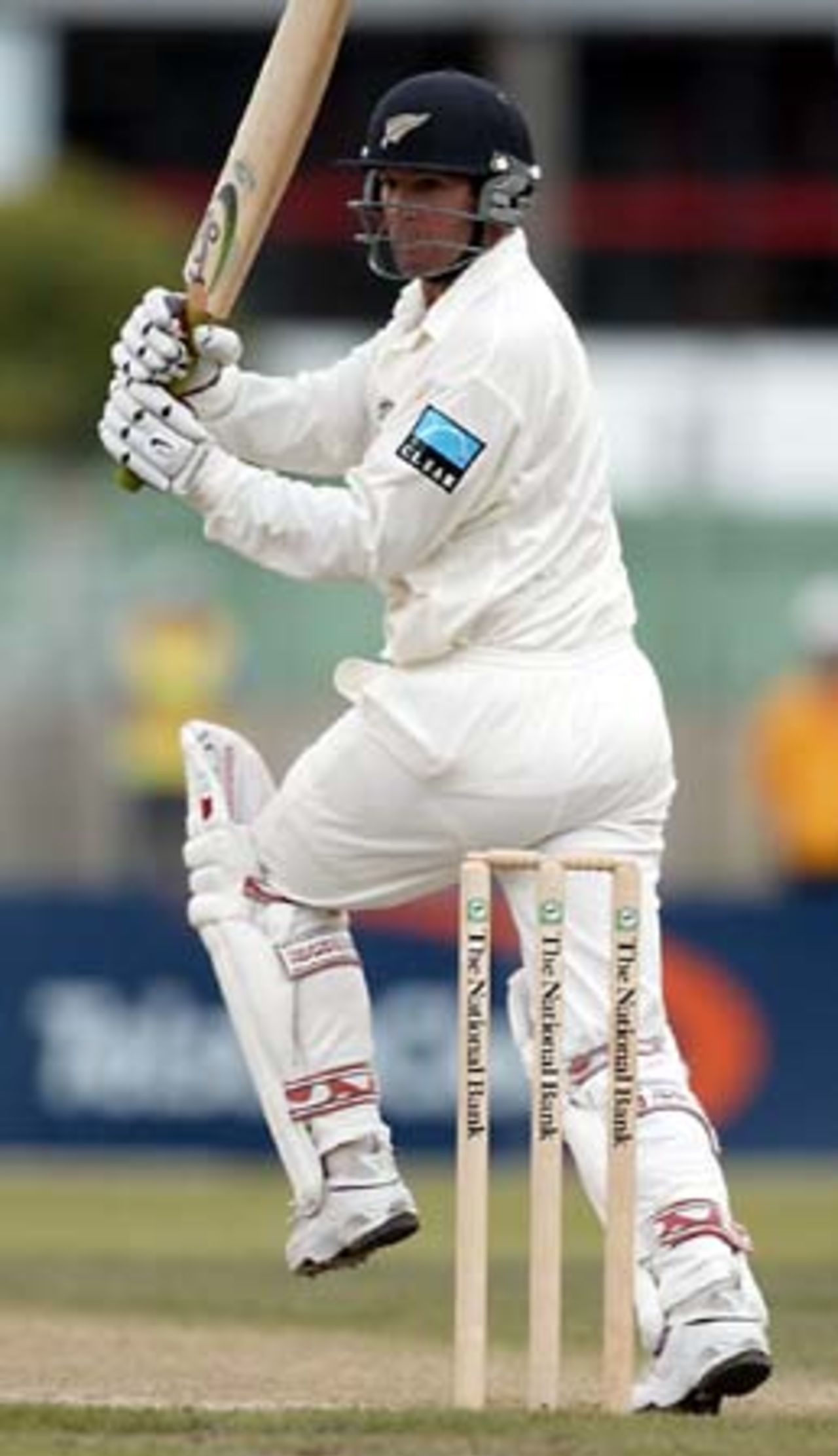 New Zealand batsman Nathan Astle glances a delivery fine down the leg side during his second innings of 222. 1st Test: New Zealand v England at Jade Stadium, Christchurch, 13-17 March 2002 (16 March 2002).
