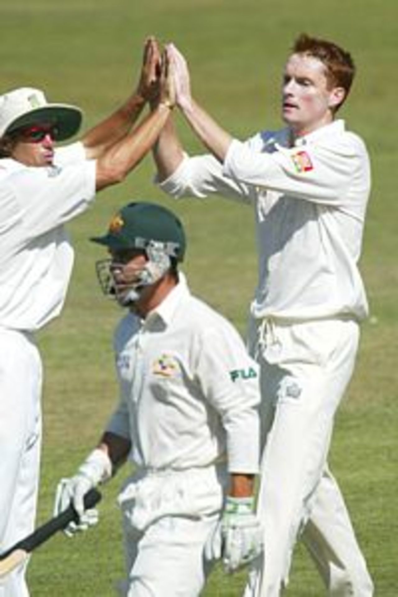 16 Mar 2002: David Terbrugge of South Africa celebrates the wicket of Justin Langer during the second day of the third test between South Africa and Australia, played at Kingsmead, Durban, South Africa.