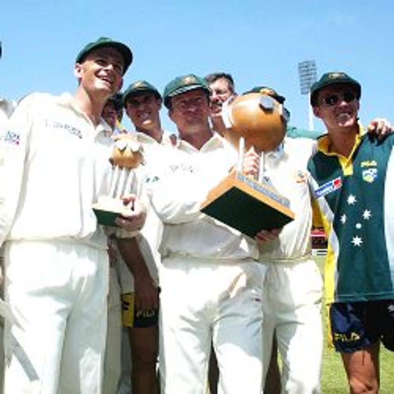 18 Mar 2002: Australian cricket team celebrate their 2-1 series win over South Africa after the 4th days play of the 3rd test played between South Africa and Australia at the Kingsmead cricket ground in Durban, South Africa.