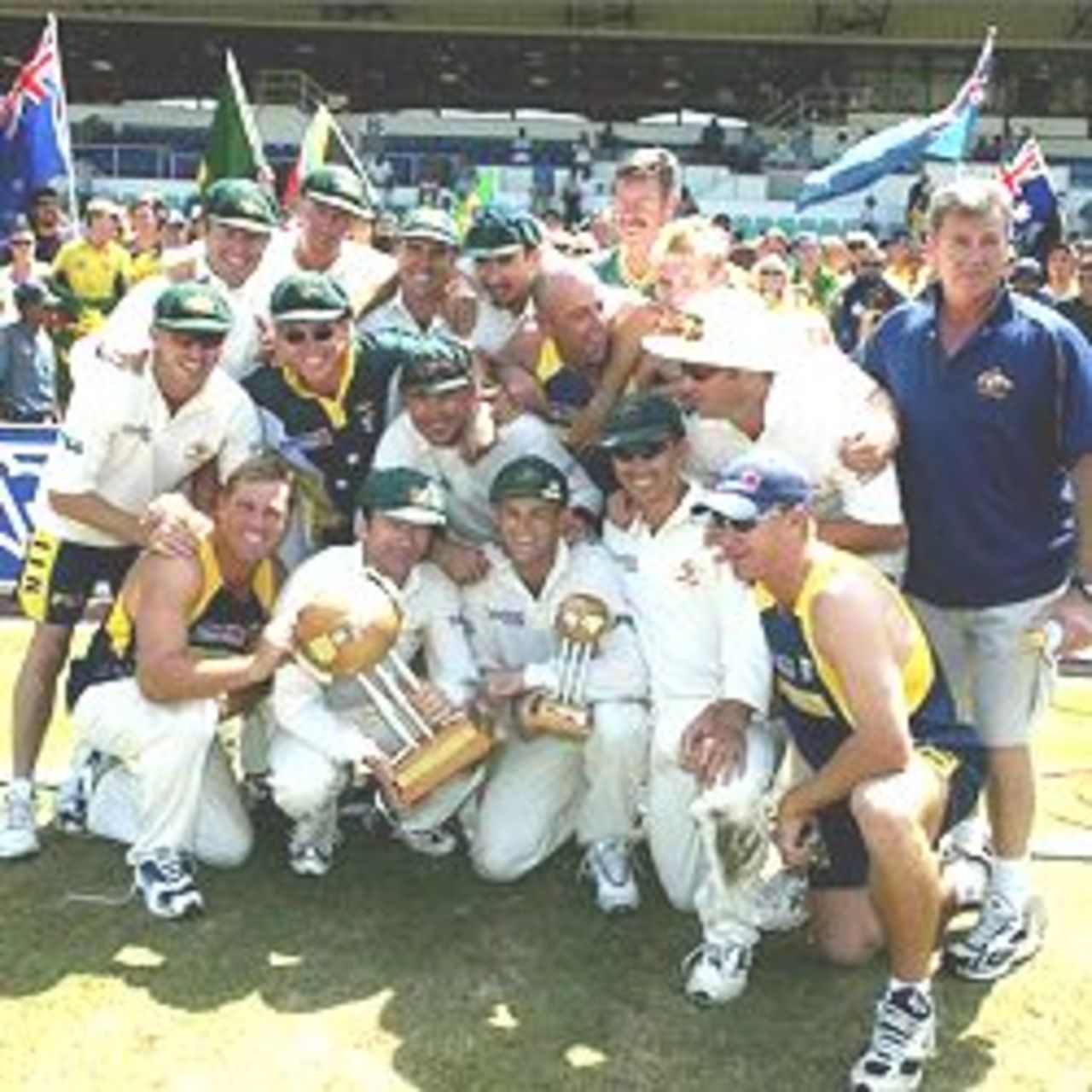 18 Mar 2002: Australian cricket team celebrate their 2-1 series win over South Africa after the 4th days play of the 3rd test played between South Africa and Australia at the Kingsmead cricket ground in Durban, South Africa.