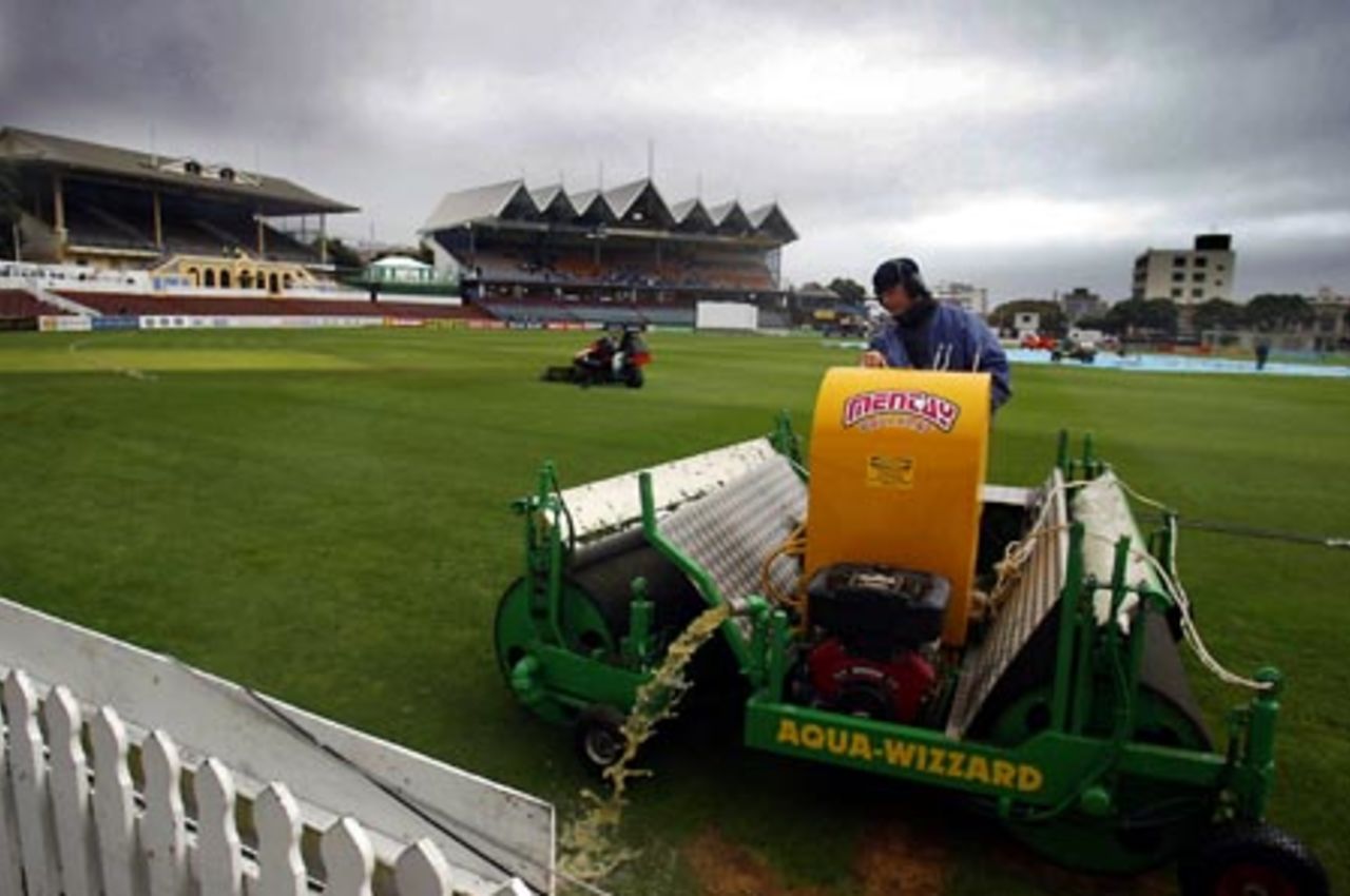 Water is drained from the super-sopper as rain delays the start of play. 2nd Test: New Zealand v England at Basin Reserve, Wellington, 21-25 March 2002 (21 March 2002).