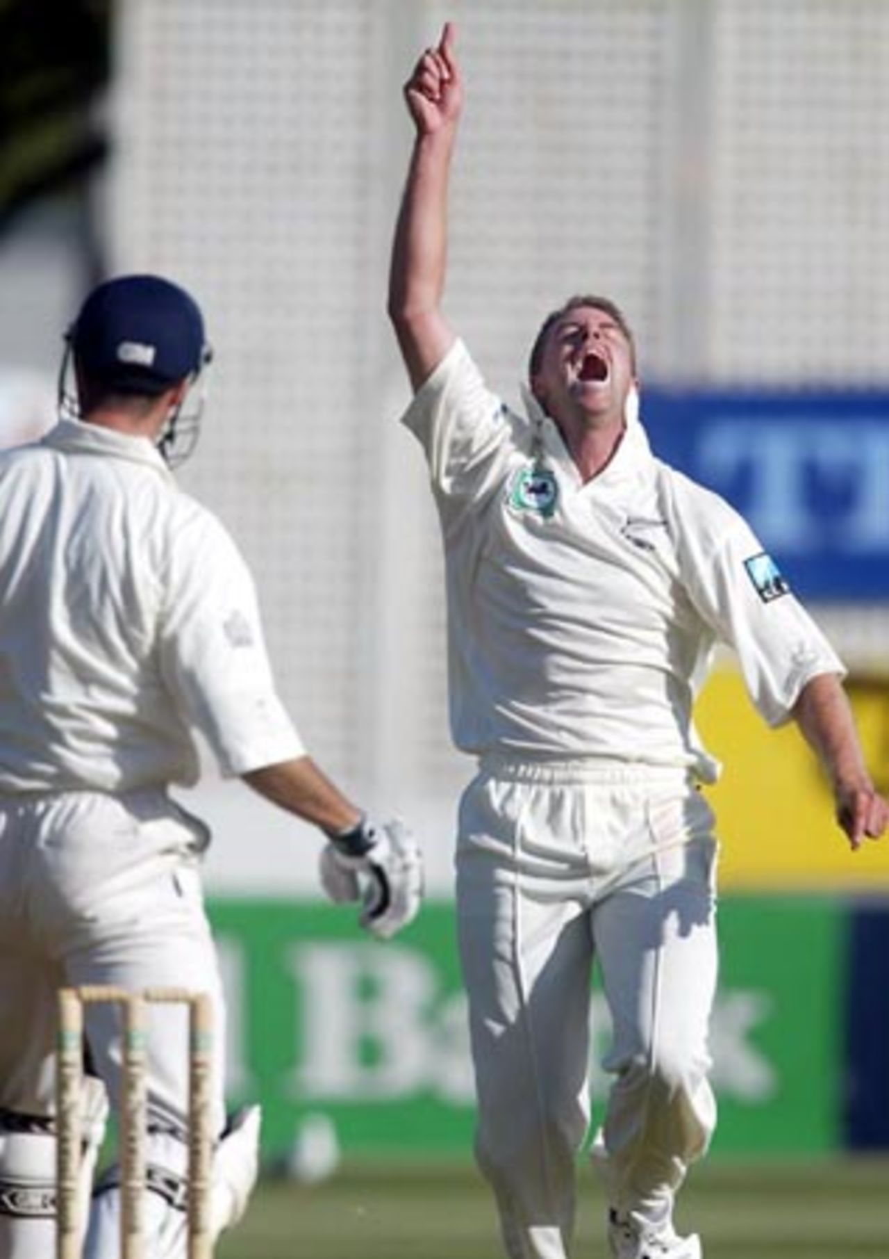 New Zealand bowler Chris Drum celebrates the dismissal of England batsman Michael Vaughan, caught by Stephen Fleming for seven. 2nd Test: New Zealand v England at Basin Reserve, Wellington, 21-25 March 2002 (22 March 2002).