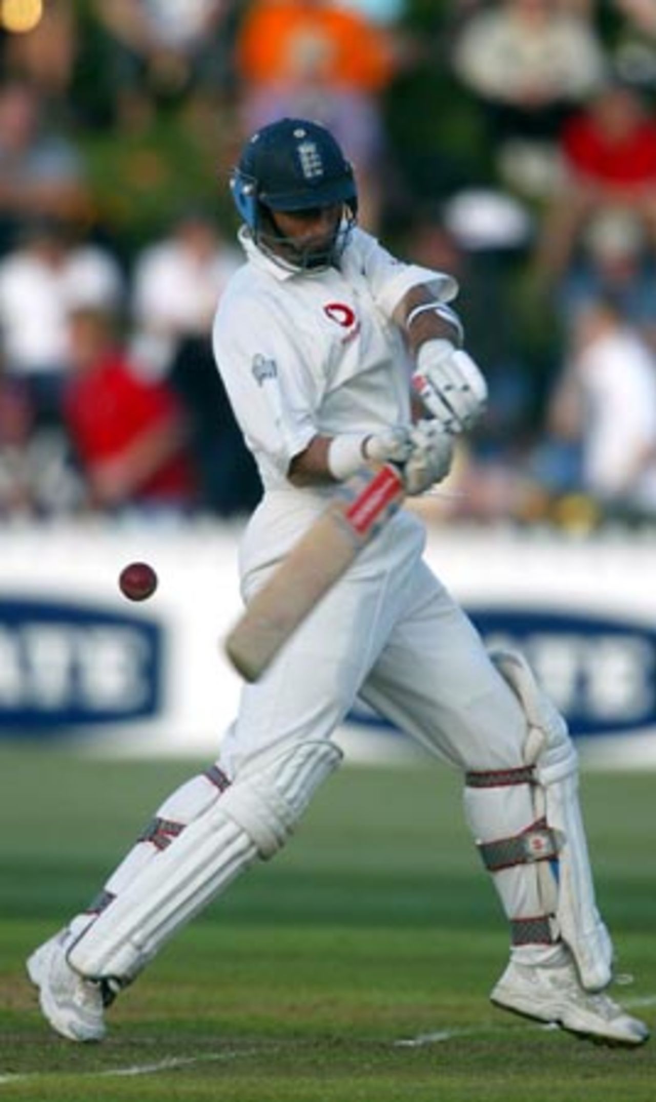 England batsman Nasser Hussain plays and misses at a delivery outside off stump. Hussain ended the second day's play on 16 not out. 2nd Test: New Zealand v England at Basin Reserve, Wellington, 21-25 March 2002 (22 March 2002).