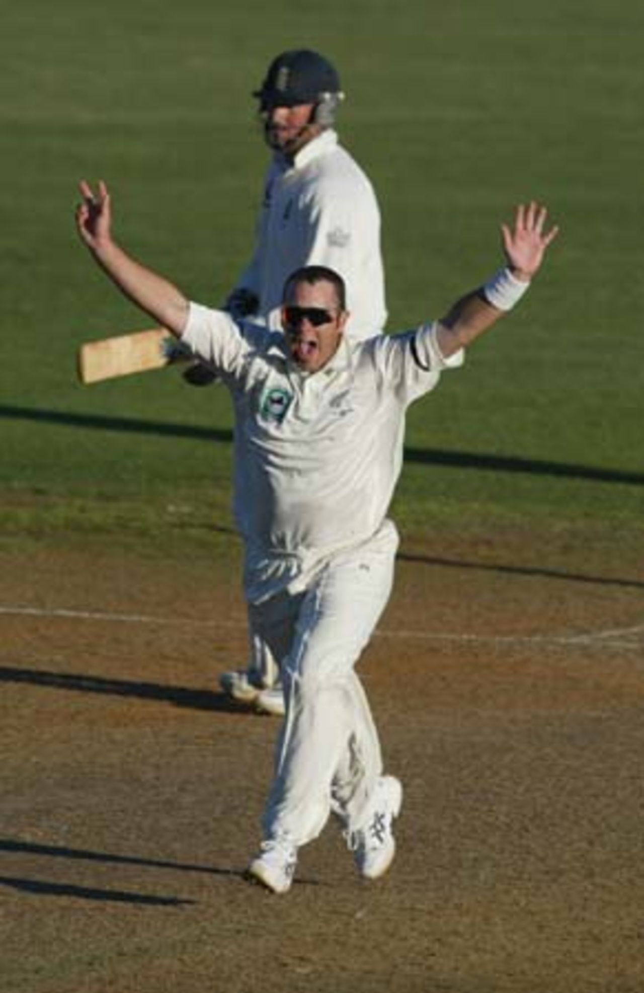 New Zealand bowler Craig McMillan prematurely celebrates the dismissal of England batsman Mark Butcher. Umpire Darrell Hair from Australia adjudicated Butcher not out caught behind. Non-striker Marcus Trescothick looks on in the background. 2nd Test: New Zealand v England at Basin Reserve, Wellington, 21-25 March 2002 (24 March 2002).