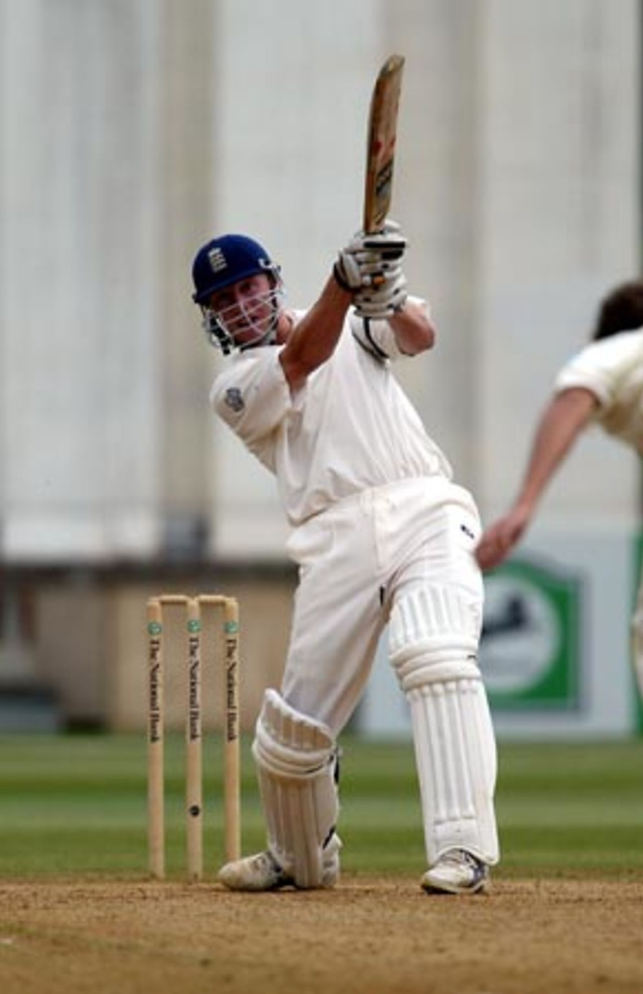 England batsman Andrew Flintoff heaves a delivery down the ground during his second innings of 75. 2nd Test: New Zealand v England at Basin Reserve, Wellington, 21-25 March 2002 (25 March 2002).