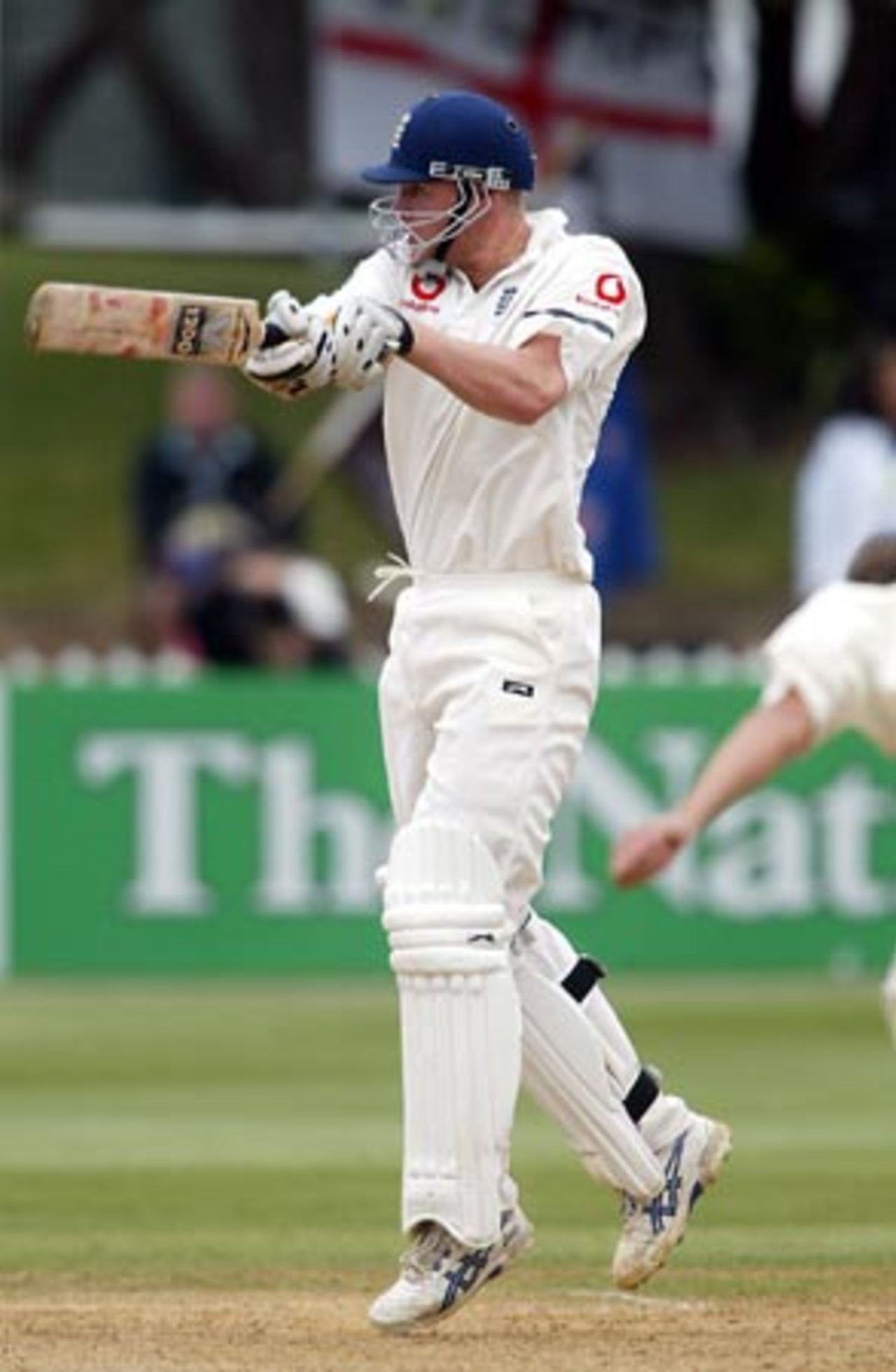 England batsman Andrew Flintoff cuts a short delivery during his second innings of 75. 2nd Test: New Zealand v England at Basin Reserve, Wellington, 21-25 March 2002 (25 March 2002).
