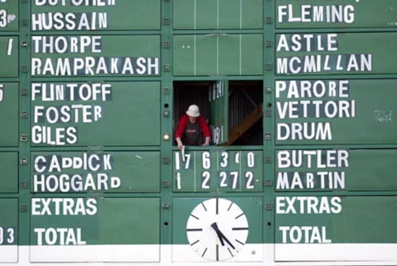 An operator changes numbers on the Basin Reserve scoreboard. 2nd Test: New Zealand v England at Basin Reserve, Wellington, 21-25 March 2002 (25 March 2002).