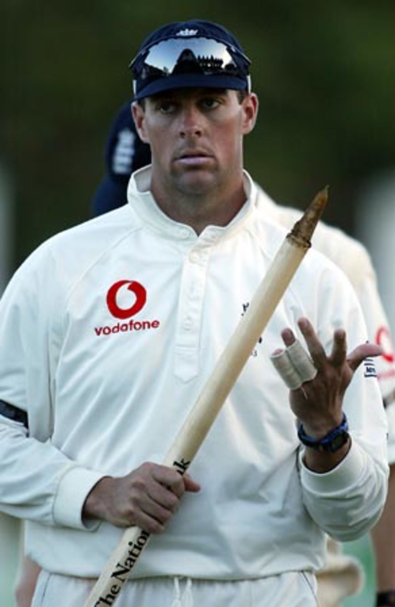 England player Marcus Trescothick leaves the field with stump in hand at the end of the match. 2nd Test: New Zealand v England at Basin Reserve, Wellington, 21-25 March 2002 (25 March 2002).