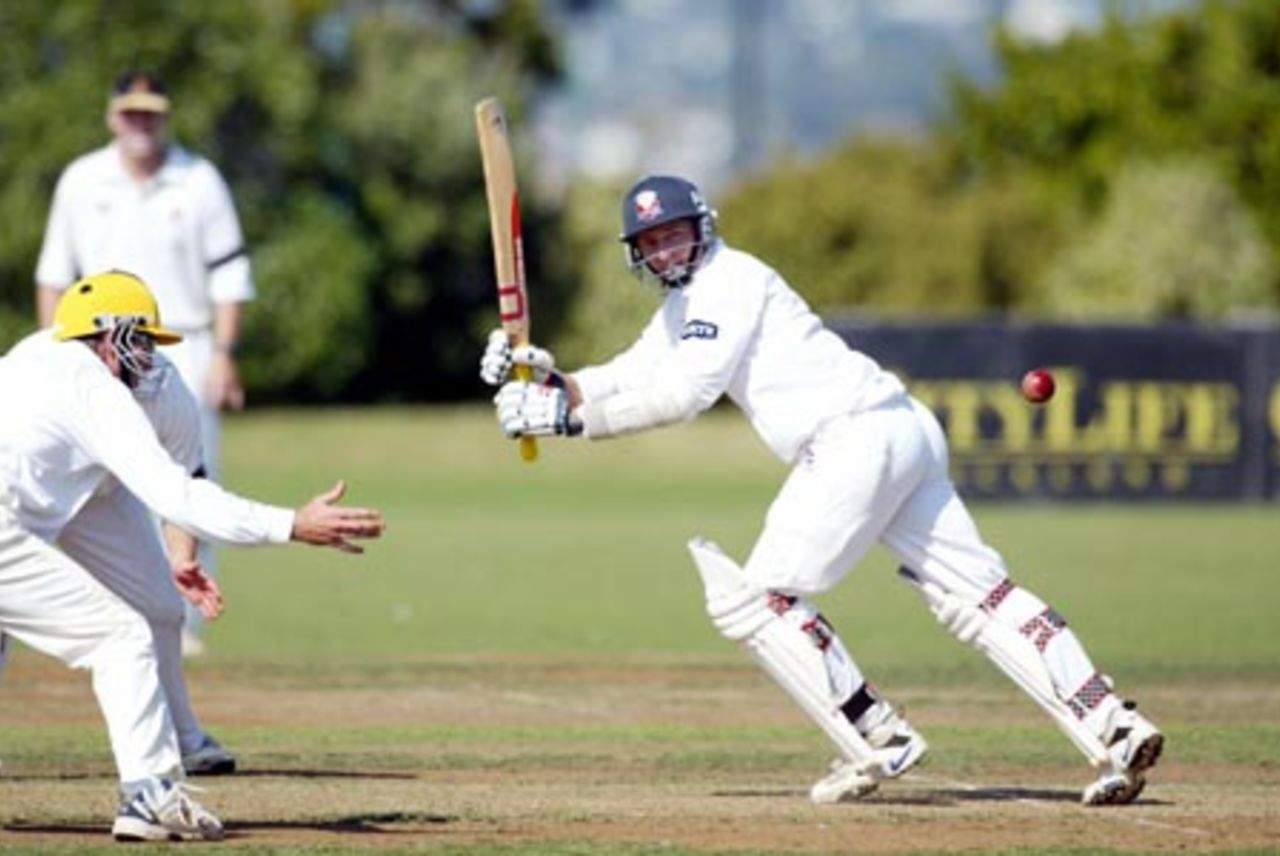 Auckland batsman Brooke Walker plays a delivery through square leg during his first innings of 10. State Championship: Auckland v Wellington at Colin Maiden Park, Auckland, 24-27 March 2002 (26 March 2002).