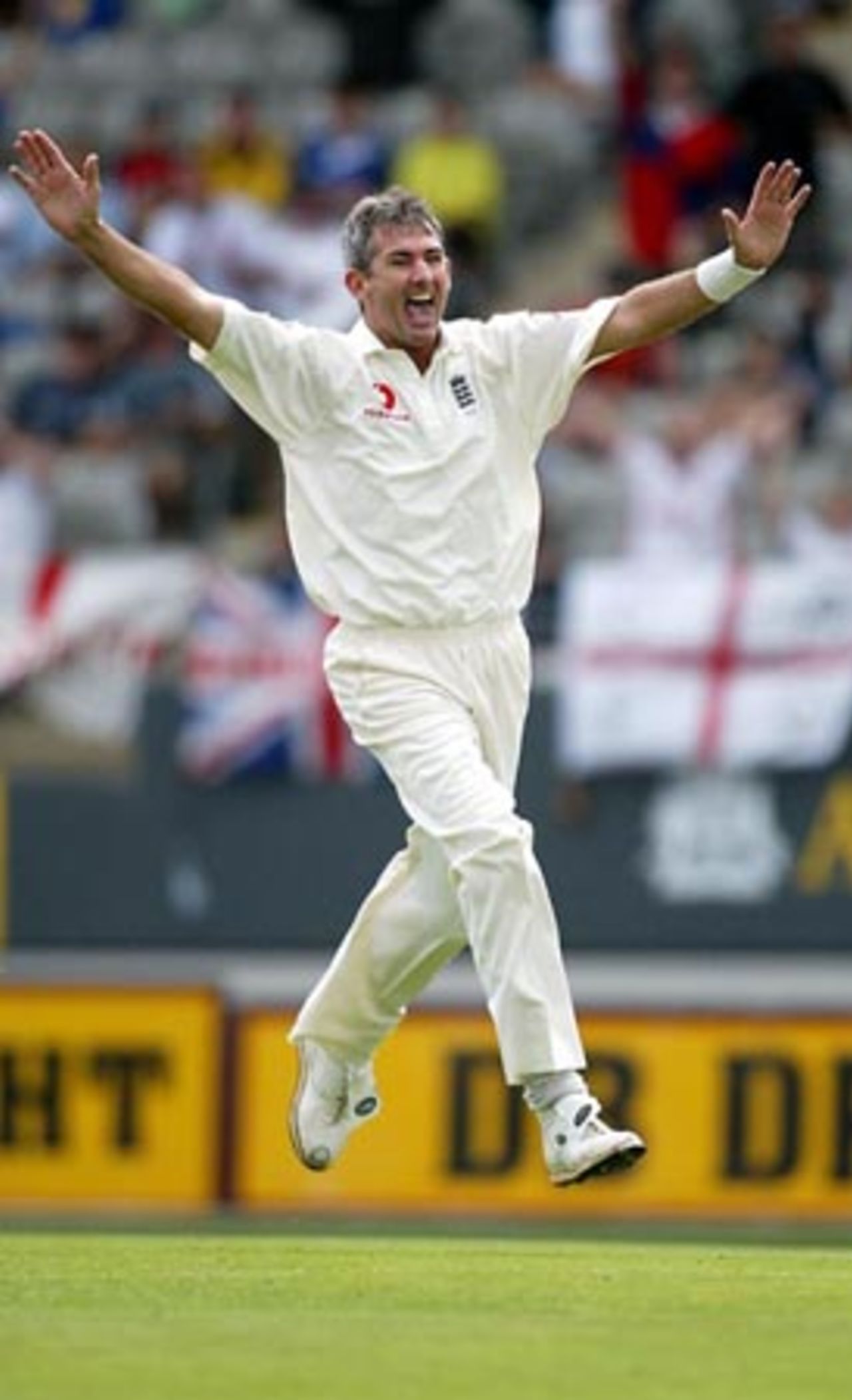 England bowler Andy Caddick celebrates the dismissal of New Zealand batsman Lou Vincent, bowled for 10. Caddick ended his first day spell with 4-57 from 20 overs. 3rd Test: New Zealand v England at Eden Park, Auckland, 30 March-3 April 2002 (30 March 2002).
