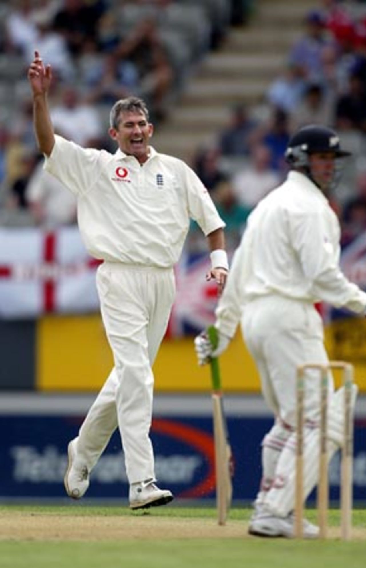 England bowler Andy Caddick celebrates the dismissal of New Zealand batsman Nathan Astle, caught by Graham Thorpe for two. Caddick ended his first day spell with 4-57 from 20 overs. 3rd Test: New Zealand v England at Eden Park, Auckland, 30 March-3 April 2002 (30 March 2002).