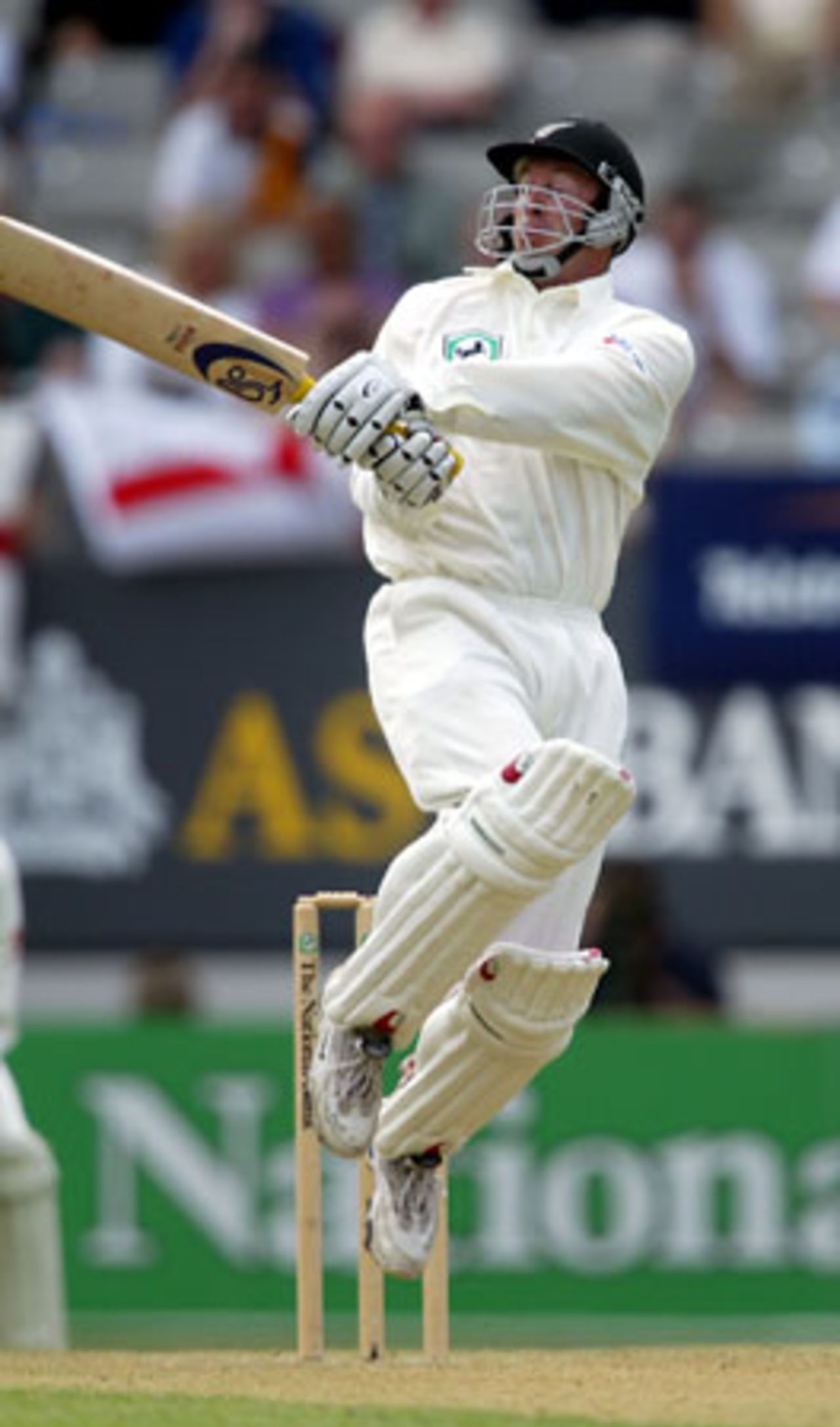 New Zealand batsman Chris Harris jumps to pull a short delivery. Harris ended the first day on 55 not out. 3rd Test: New Zealand v England at Eden Park, Auckland, 30 March-3 April 2002 (30 March 2002).