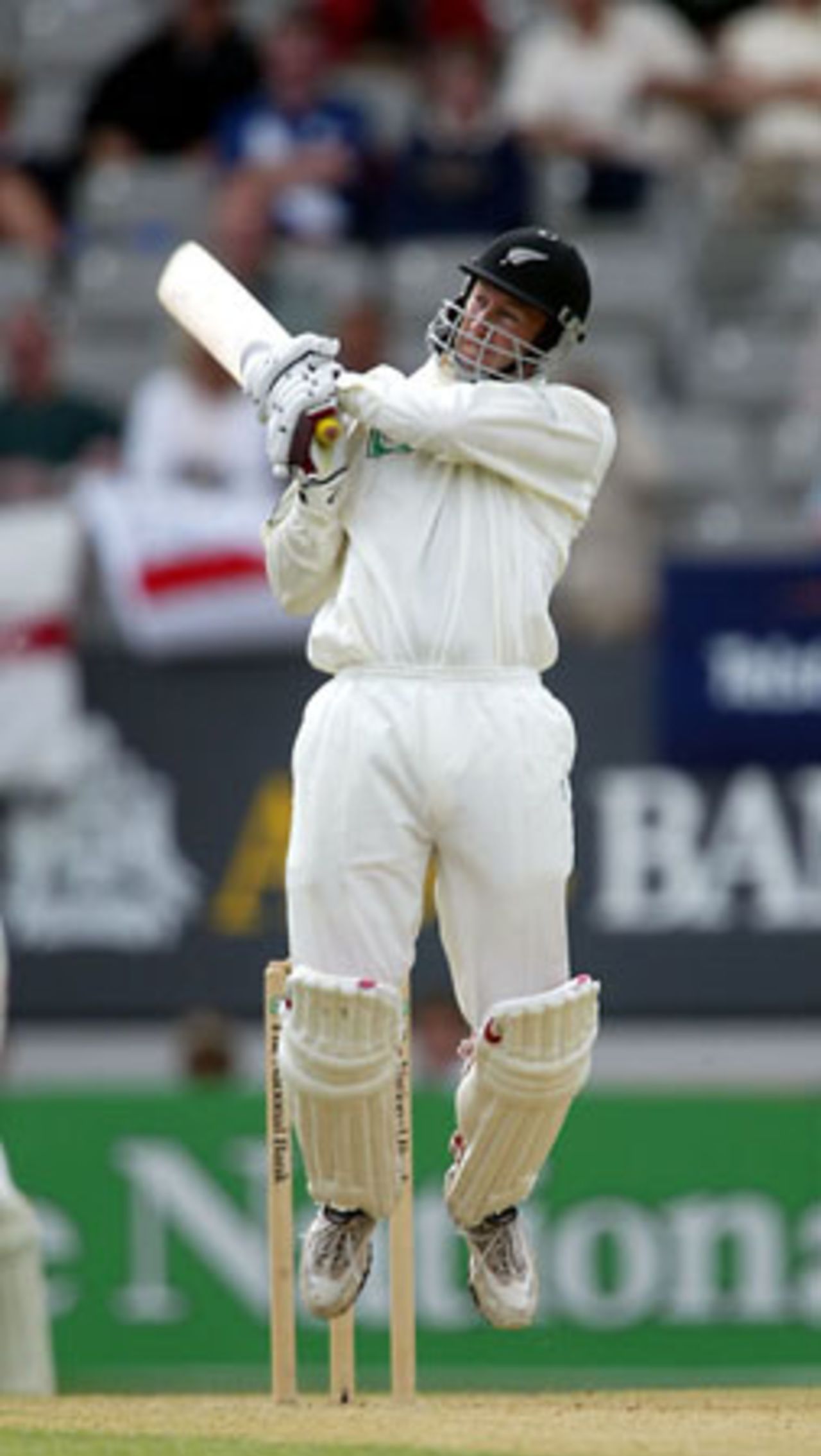 New Zealand batsman Chris Harris jumps to pull a short delivery through midwicket. Harris ended the first day on 55 not out. 3rd Test: New Zealand v England at Eden Park, Auckland, 30 March-3 April 2002 (30 March 2002).