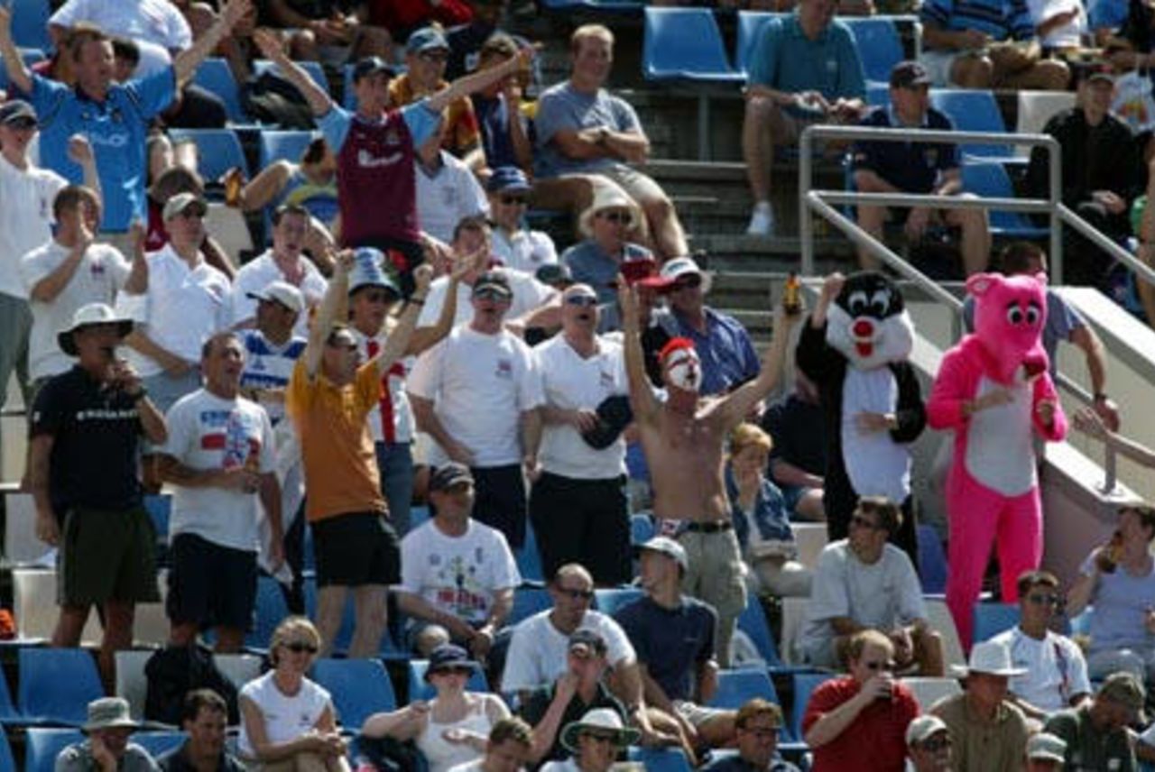 Members of the Barmy Army cheer on the England team from the stands. 3rd Test: New Zealand v England at Eden Park, Auckland, 30 March-3 April 2002 (30 March 2002).