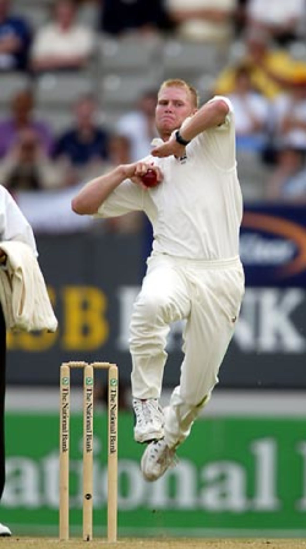 England bowler Matthew Hoggard delivers a ball during his first day spell of 1-47 from 18 overs. 3rd Test: New Zealand v England at Eden Park, Auckland, 30 March-3 April 2002 (30 March 2002).