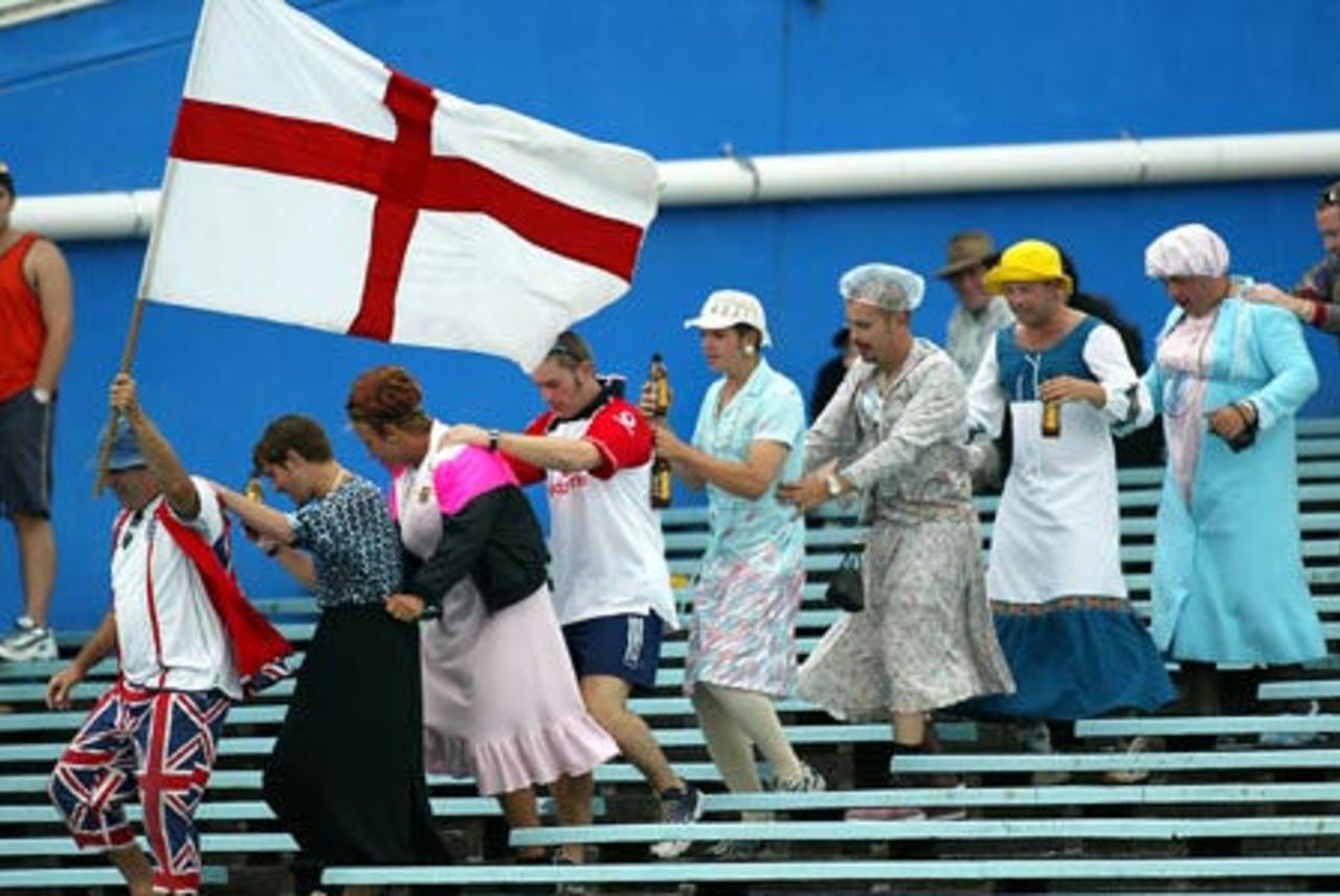 Members of the Barmy Army form a conga line in the stands. 3rd Test: New Zealand v England at Eden Park, Auckland, 30 March-3 April 2002 (30 March 2002).