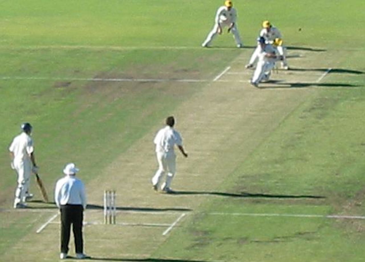 In the Pura Cup match at the WACA ground, Perth. Michael Slater (NSW) sweeps Beau Casson (WA) into the backward square leg for two runs taking his score to 187. He went on to make 204 before Jo Angel claimed his scalp.