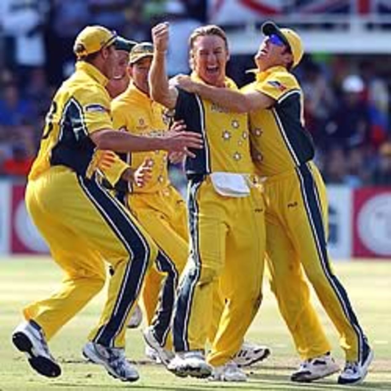 PORT ELIZABETH - MARCH 18: Australian bowler Andy Bichel (centre) celebrates after running out Sri Lankan batsman Aravinda De Silva for 11 runs during the World Cup Semi Final between Sri Lanka and Australia at St Georges Park, Port Elizabeth, South Africa on March 18, 2003.