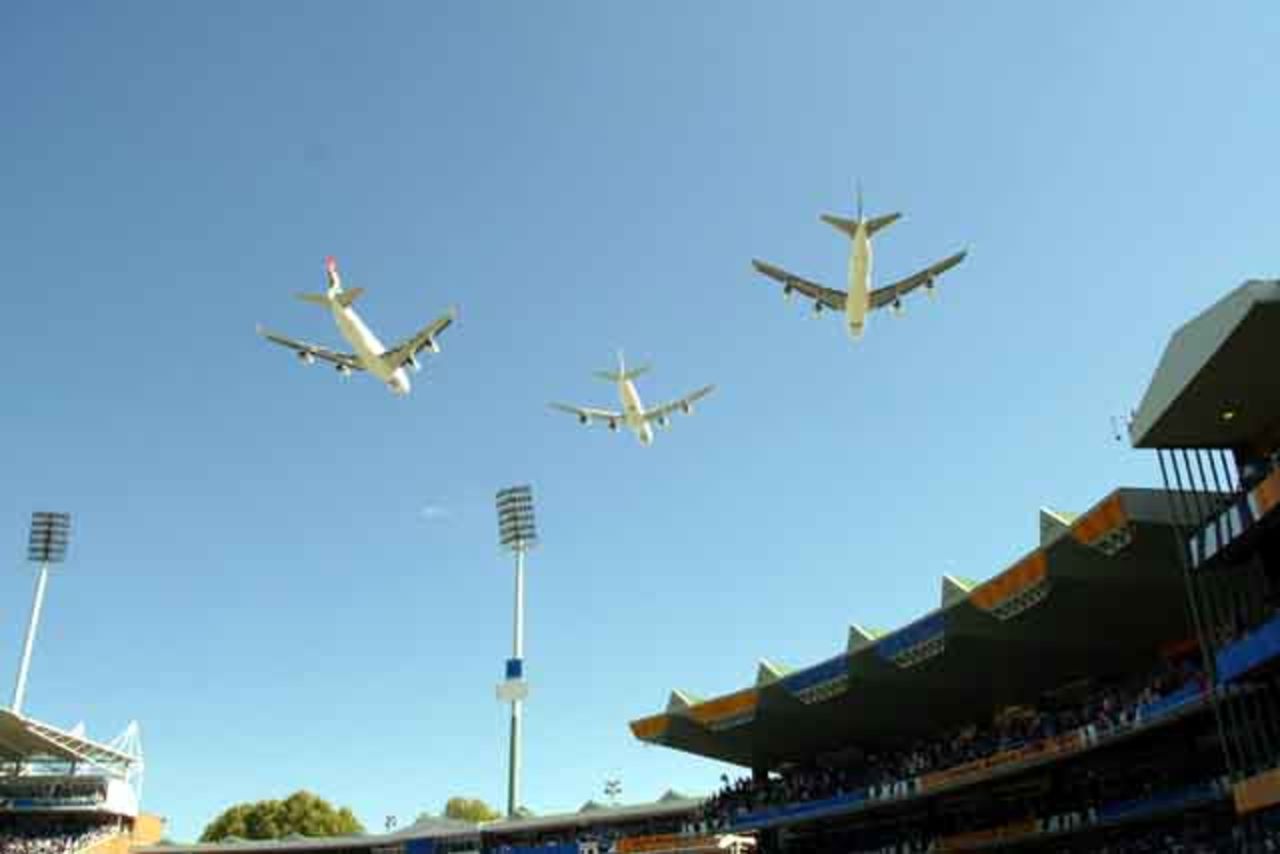 South African Airlines fly over The Wanderers, in Johannesburg, South Africa on March 23, 2003.