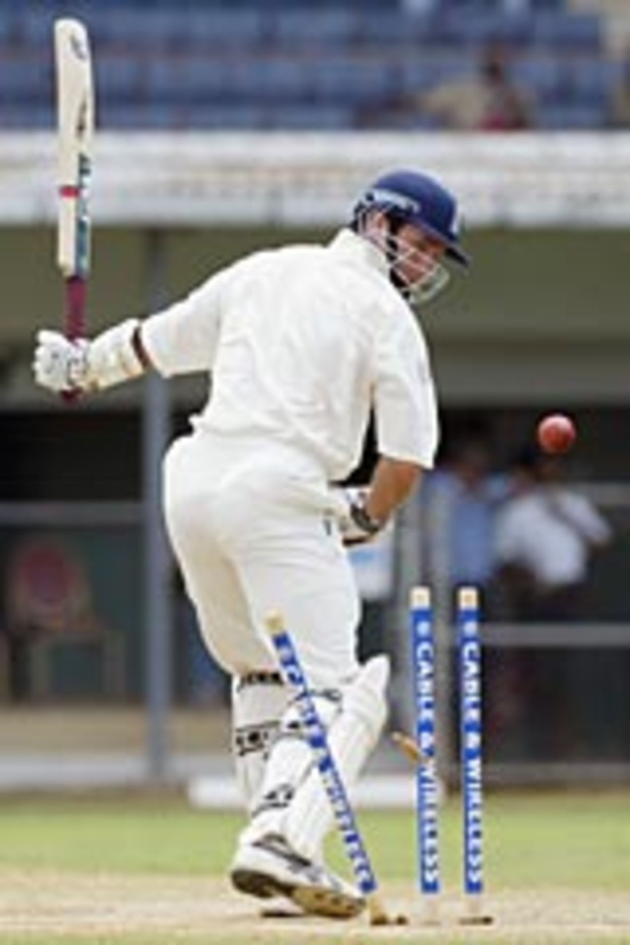 Michael Vaughan bowled by Jermaine Lawson for 105 on the opening day of the tour, Jamaica v England XII, Sabina Park, March 1, 2004