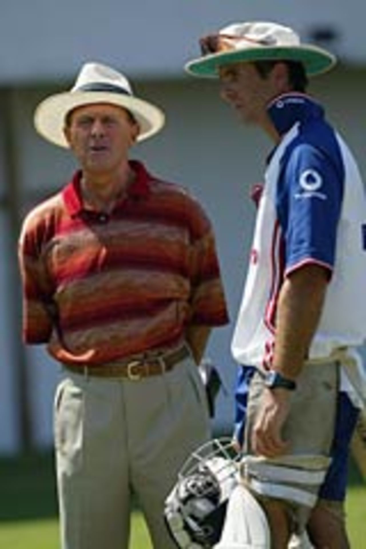 Geoffrey Boycott and Michael Vaughan chat, Jamaica, March 9, 2004