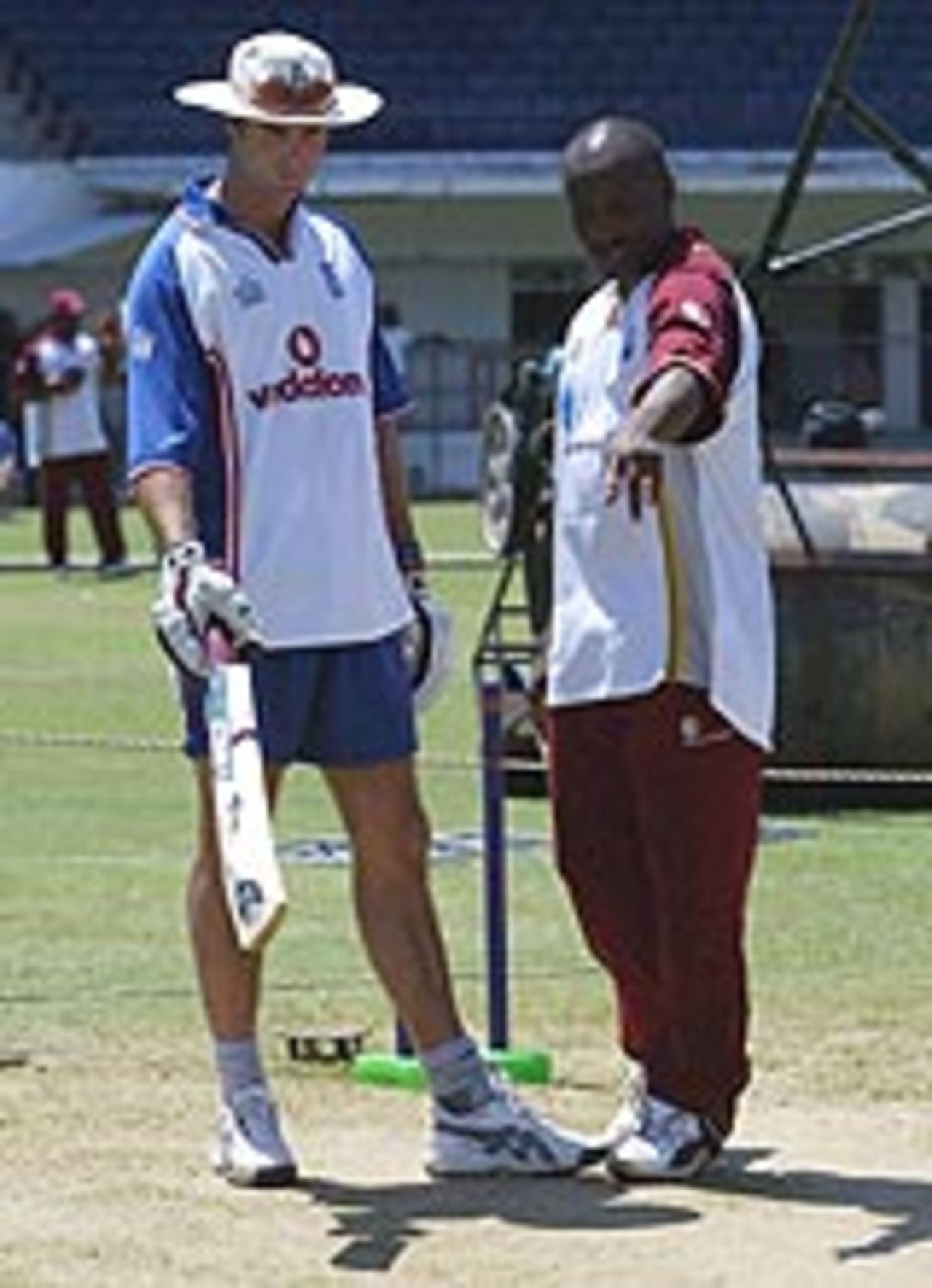 Brian Lara and Michael Vaughan size up the Sabina Park wicket, West Indies v England, first Test, March 9, 2004