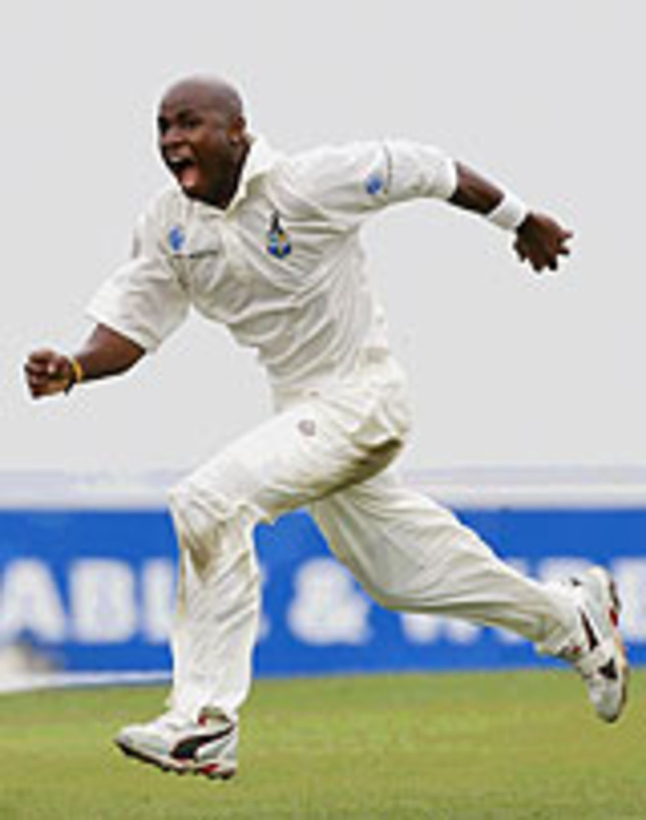 Tino Best celebrates in style after picking up his first Test wicket on the third day at Kingston, West Indies v England, 1st Test, Kingston, 3rd day, March 13, 2004