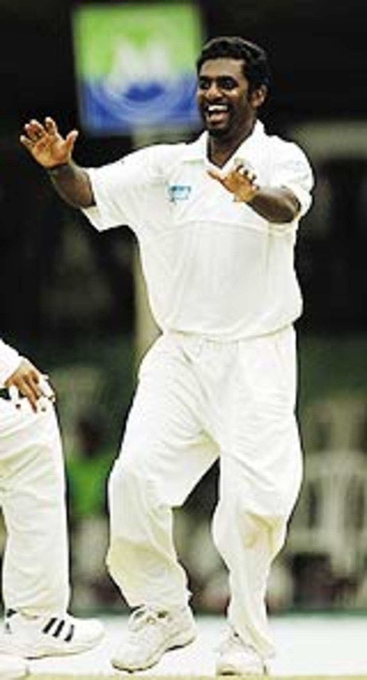Muttiah Muralitharan is ecstatic after picking up his 500th Test wicket, Sri Lanka v Australia, 2nd Test, Kandy, 1st day, March 16, 2004