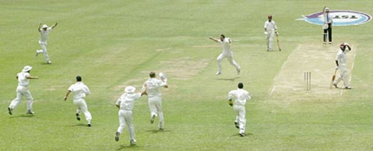 Steve Harmison leads the England celebrations as Brian Lara is dismissed for 0, West Indies v England, 2nd Test, Trinidad, March 19, 2004