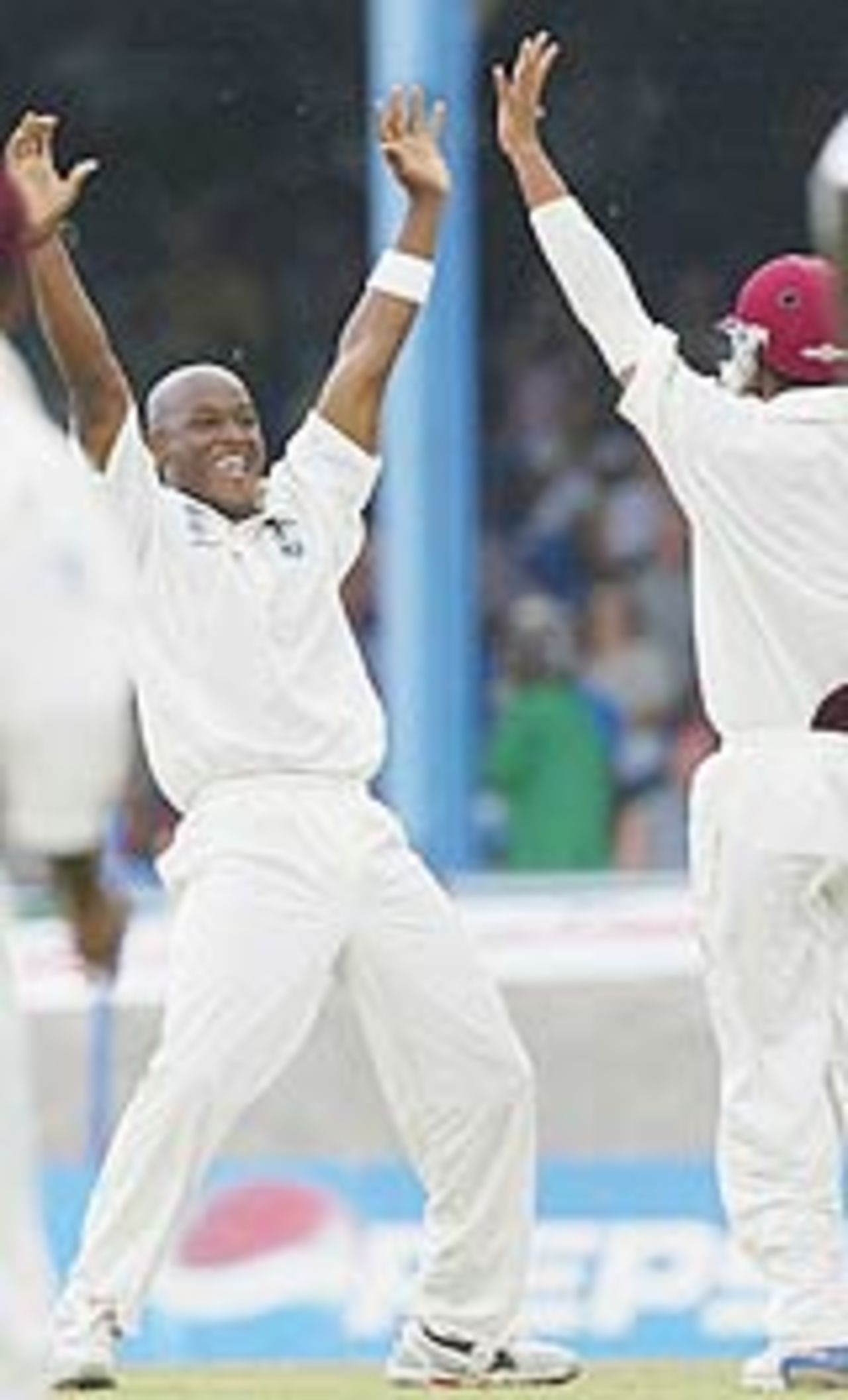 Tino Best celebrates the wicket of Marcus Trescothick, West Indies v England, 2nd test, Trinidad, 2nd day, 20th March, 2004