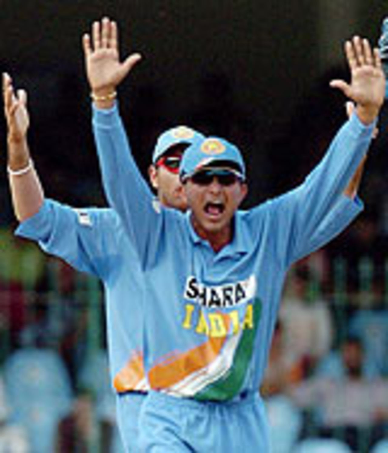 Sourav Ganguly and Yuvraj Singh (partly hidden) appeal, Pakistan v India, 4th ODI, Lahore, March 21, 2004