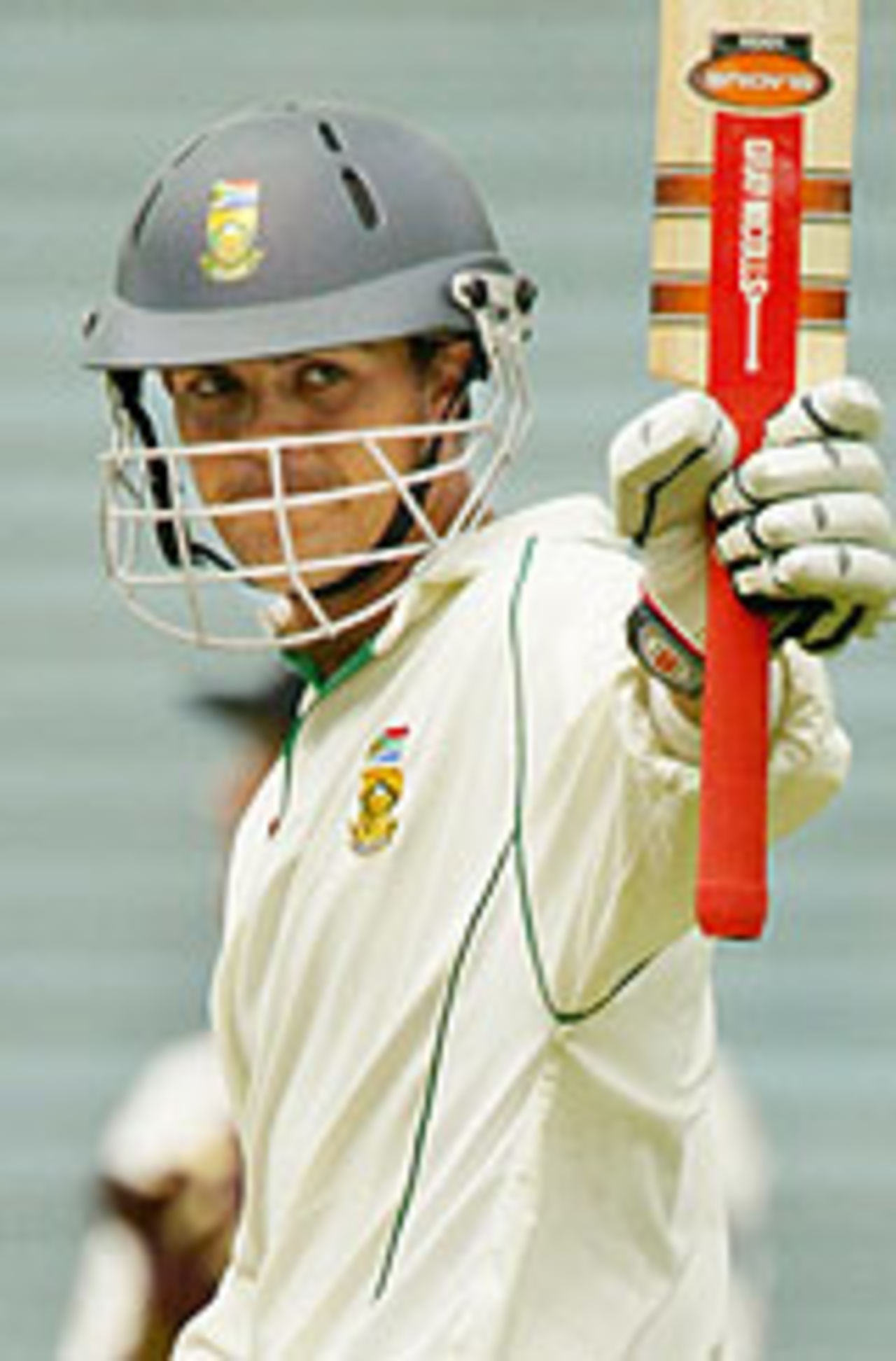 Jacques Rudolph raises his bat on reaching 150, New Zealand v South Africa, 2nd Test, Auckland, 5th day, March 22, 2004