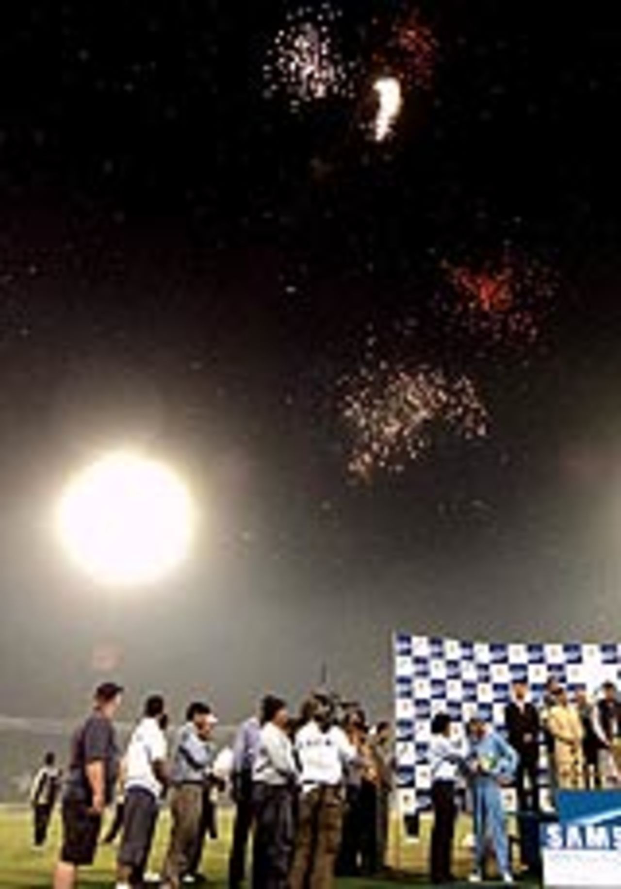 Fireworks light up the sky during the post-match presentation ceremony, Pakistan v India, 5th ODI, Lahore, March 24, 2004
