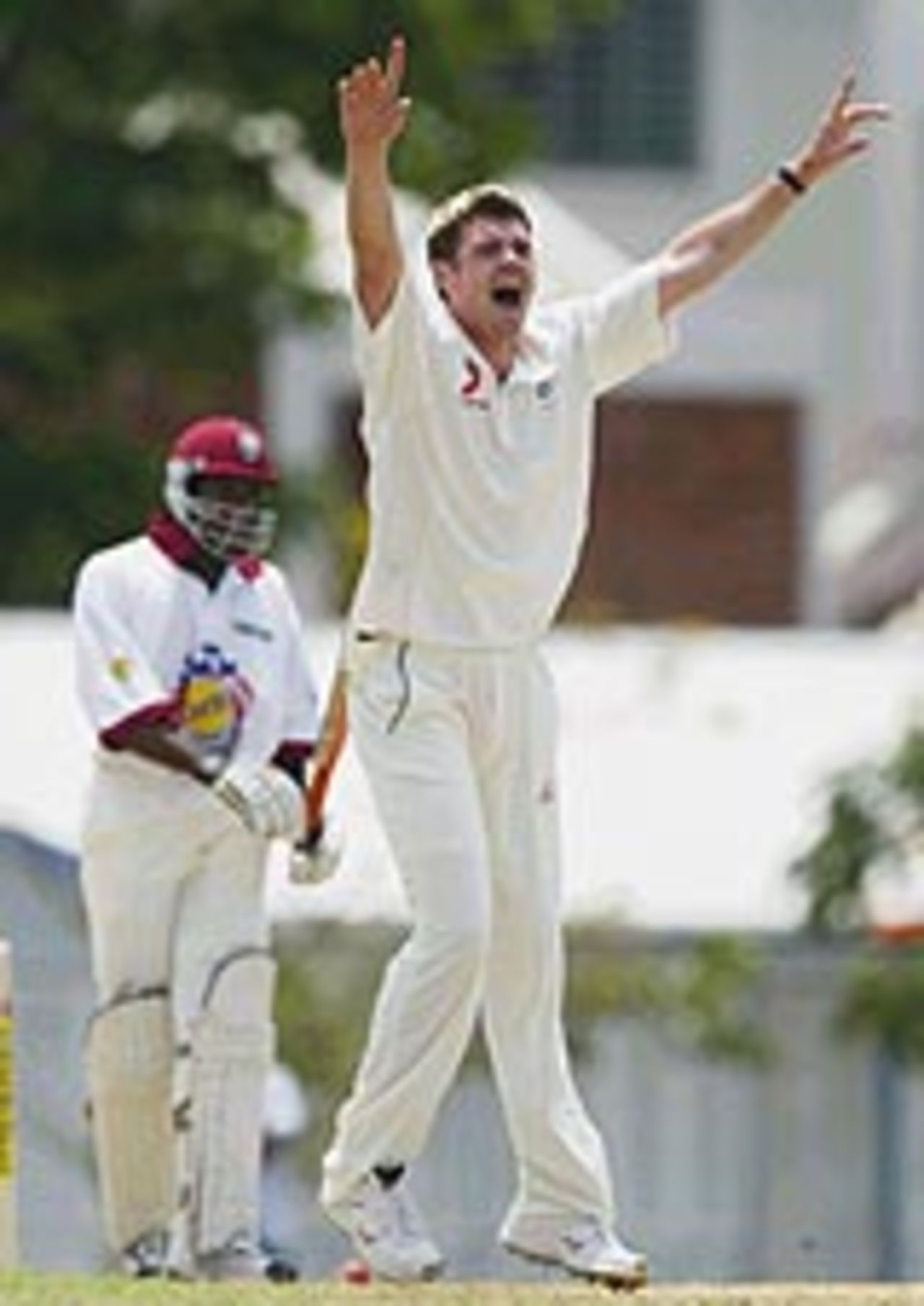 James Anderson appeals for a wicket, England v Carib Beer XI, Barbados, March 26, 2004