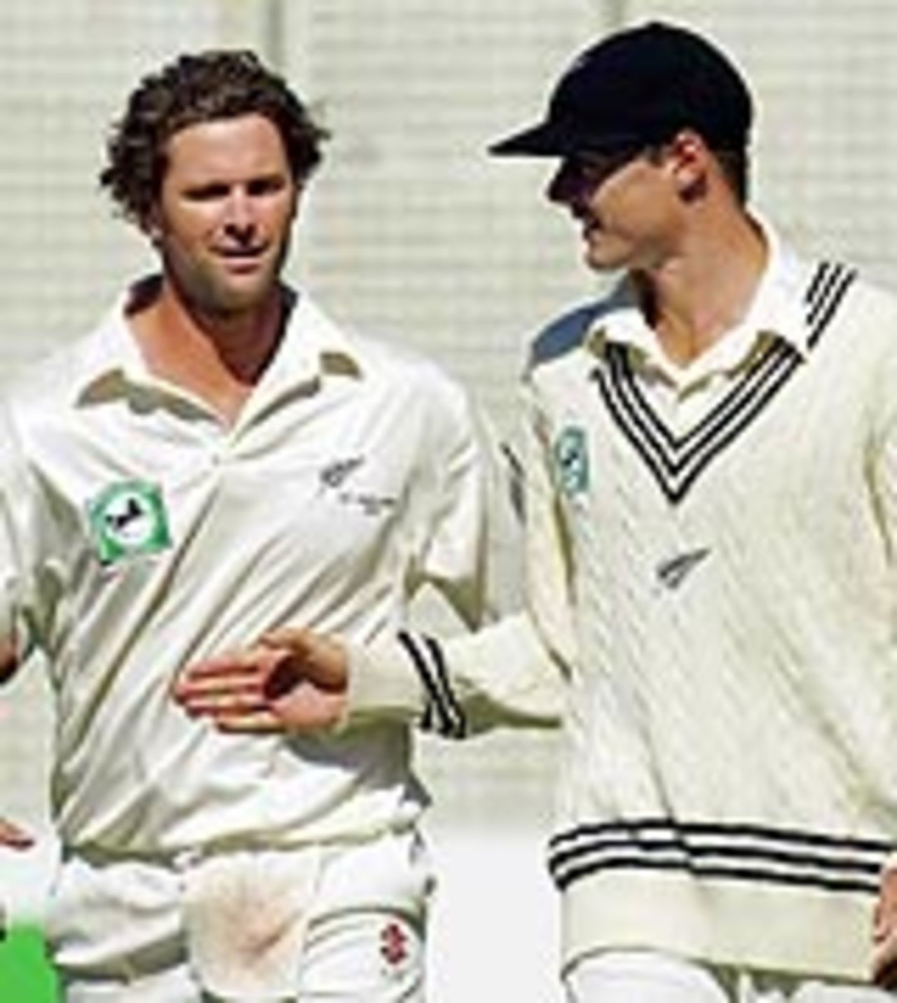 Chris Cairns and Chris Martin walk off after bowling South Africa out for 316, New Zealand v South Africa, 3rd Test, Wellington, 3rd day, March 28, 2004